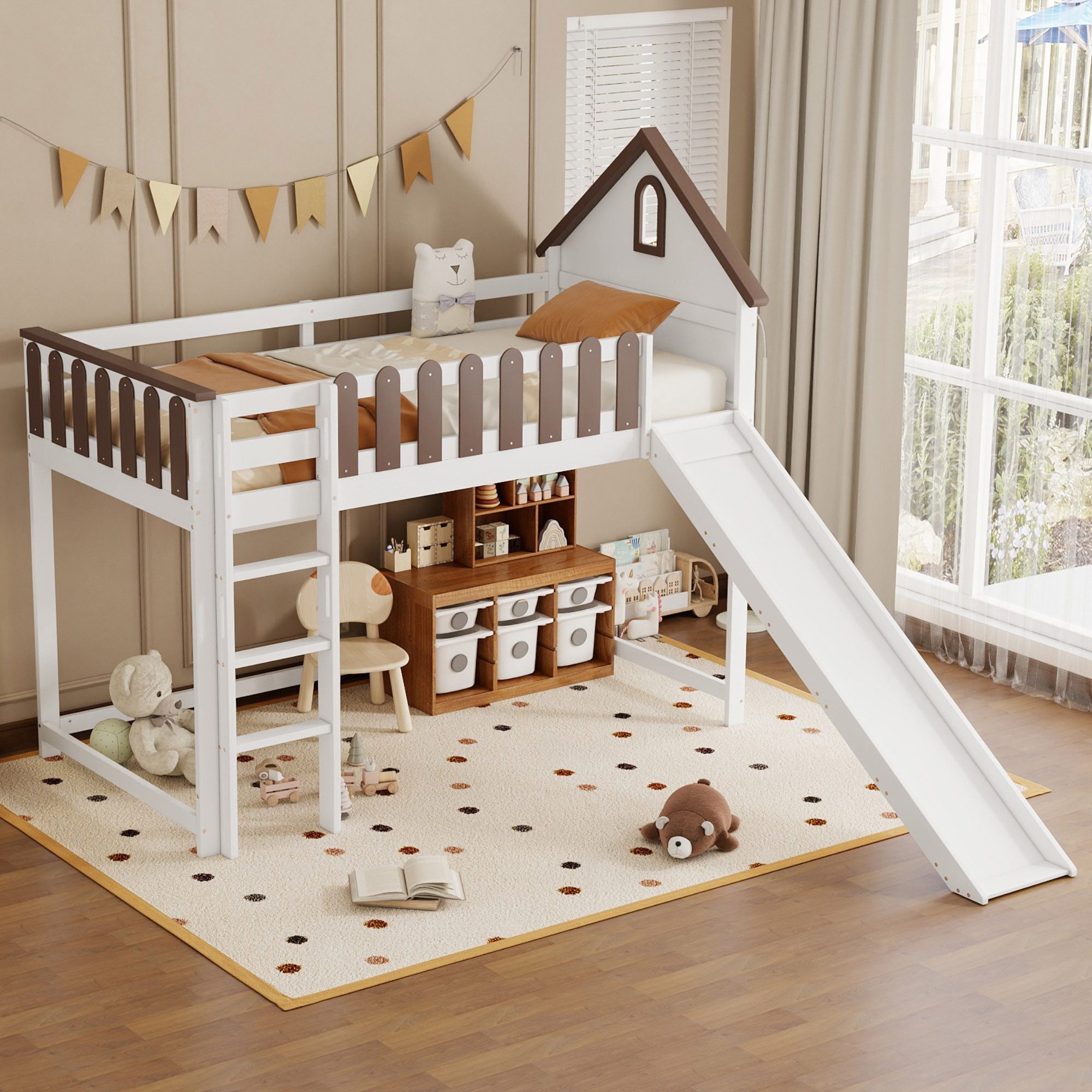 Kinderbett Hochbett Jugendbett Dach Fenster Leiter Rutsche 90x200cm Weiß+Braun