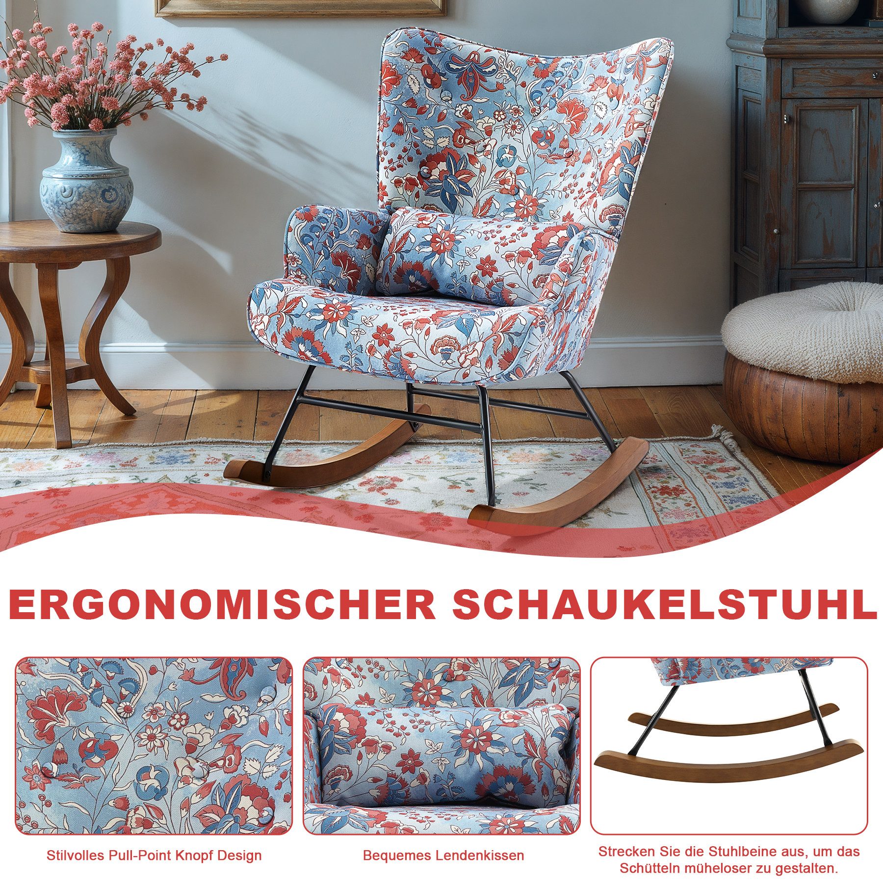 HomeMiYN Schaukelstuhl Patchwork Sessel Schwingsessel Relaxstuhl Wohnzimmer, Relaxfunktion, das Baby zum Schlafen bringen
