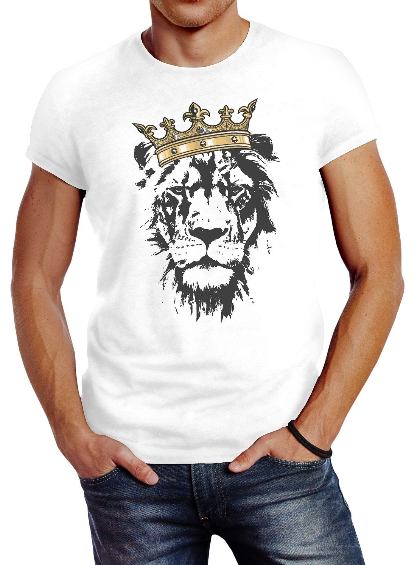 Fit mit der Neverless® Krone Print weiß Slim Tiere Neverless Herren mit T-Shirt Löwen-Kopf König Print-Shirt