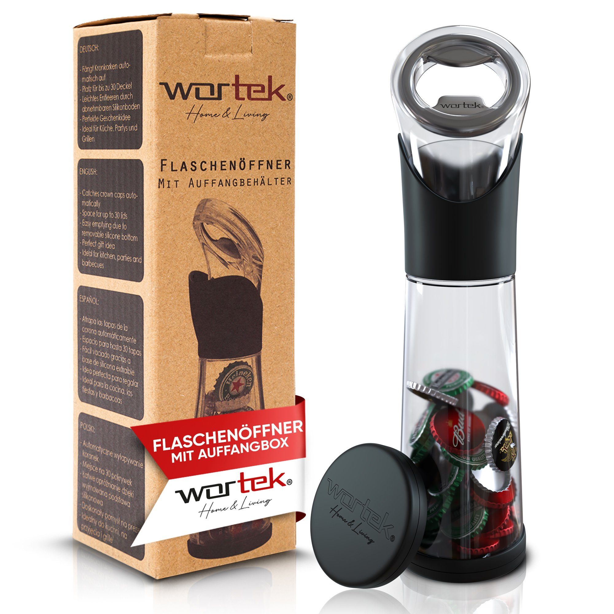wortek Flaschenöffner Getränkeöffner mit Auffangbehälter Bieröffner (Set, 2-tlg., Flaschenöffner mit Kronkorken Sammler), Geschenk für Männer und Bierliebhaber Biergeschenk