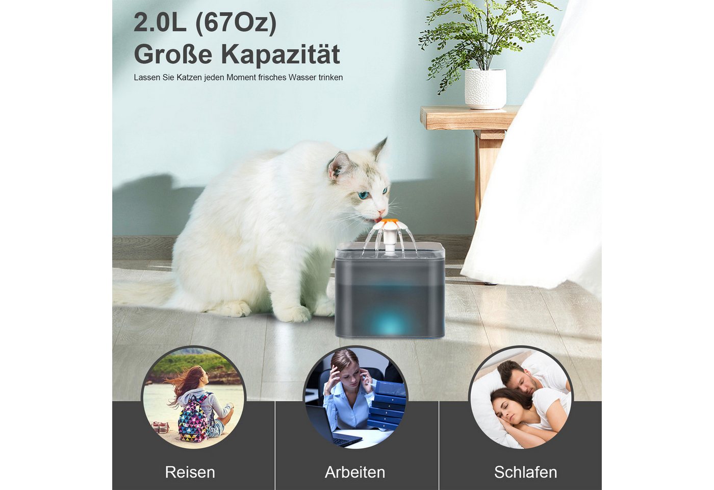 Thumbnail - OKWISH Trinkbrunnen LED Wasserbrunnen Katzenbrunnen Katzentrinkbrunnen Lichttrinkbrunnen 2 l, 2L Automatisch Wasserspend...