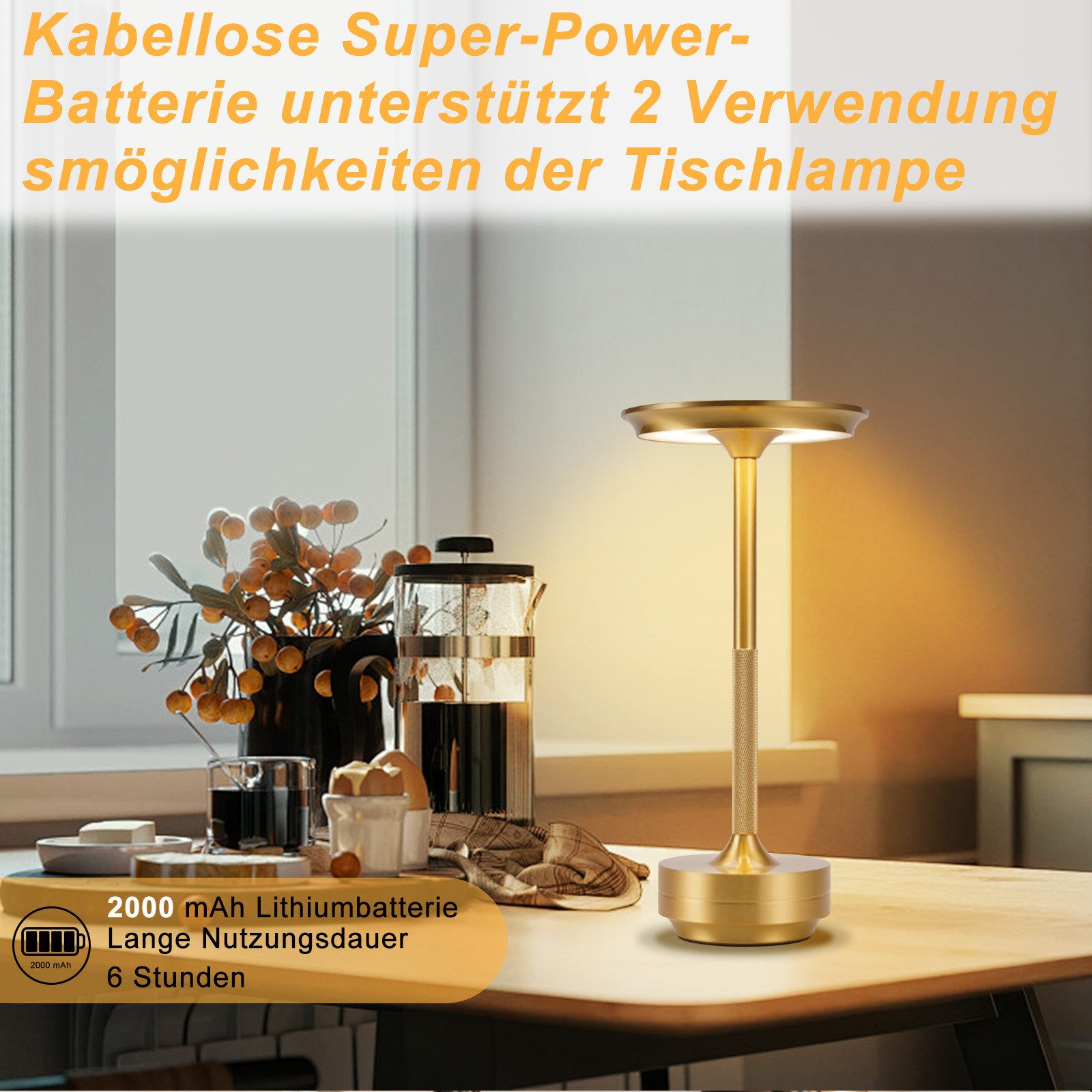 ZMH LED Tischleuchte kabellose Akku-Nachttischlampe, Dimmbar, Touch-Steuerung, 3 Lichtfarben, USB-C-aufladbar, LED fest integriert, Warmweiß, Neutralweiß, Kaltw – Bild 4 von 5
