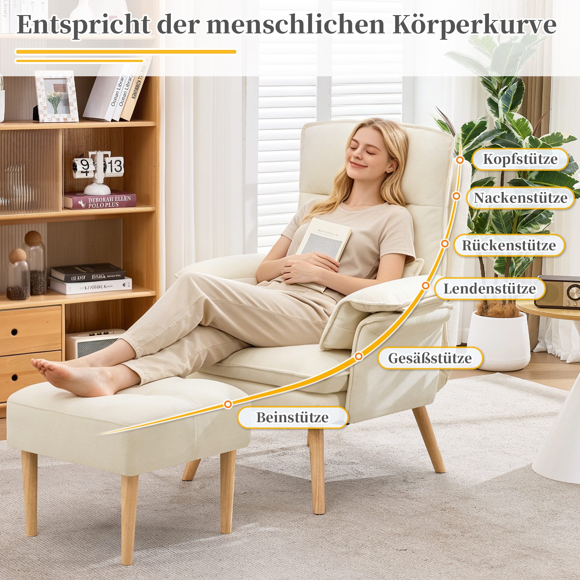 i@home Relaxsessel mit Hocker, Fernsehsessel (bestehend aus Sessel und Hocker), 5-fach verstellbarer, gepolsterter Kopf-und Armlehnenkissen,Holzbeinen