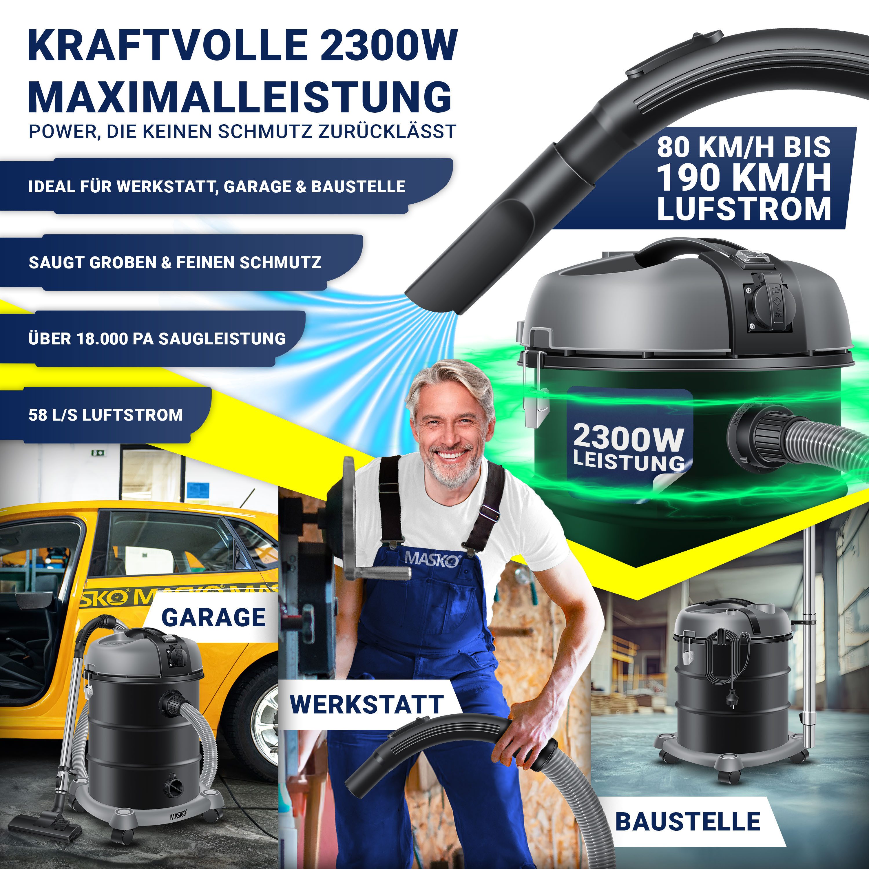 MASKO Industriesauger, 34 W, Industriestaubsauger Staubsauger Nass Trocken Sauger Edelstahl