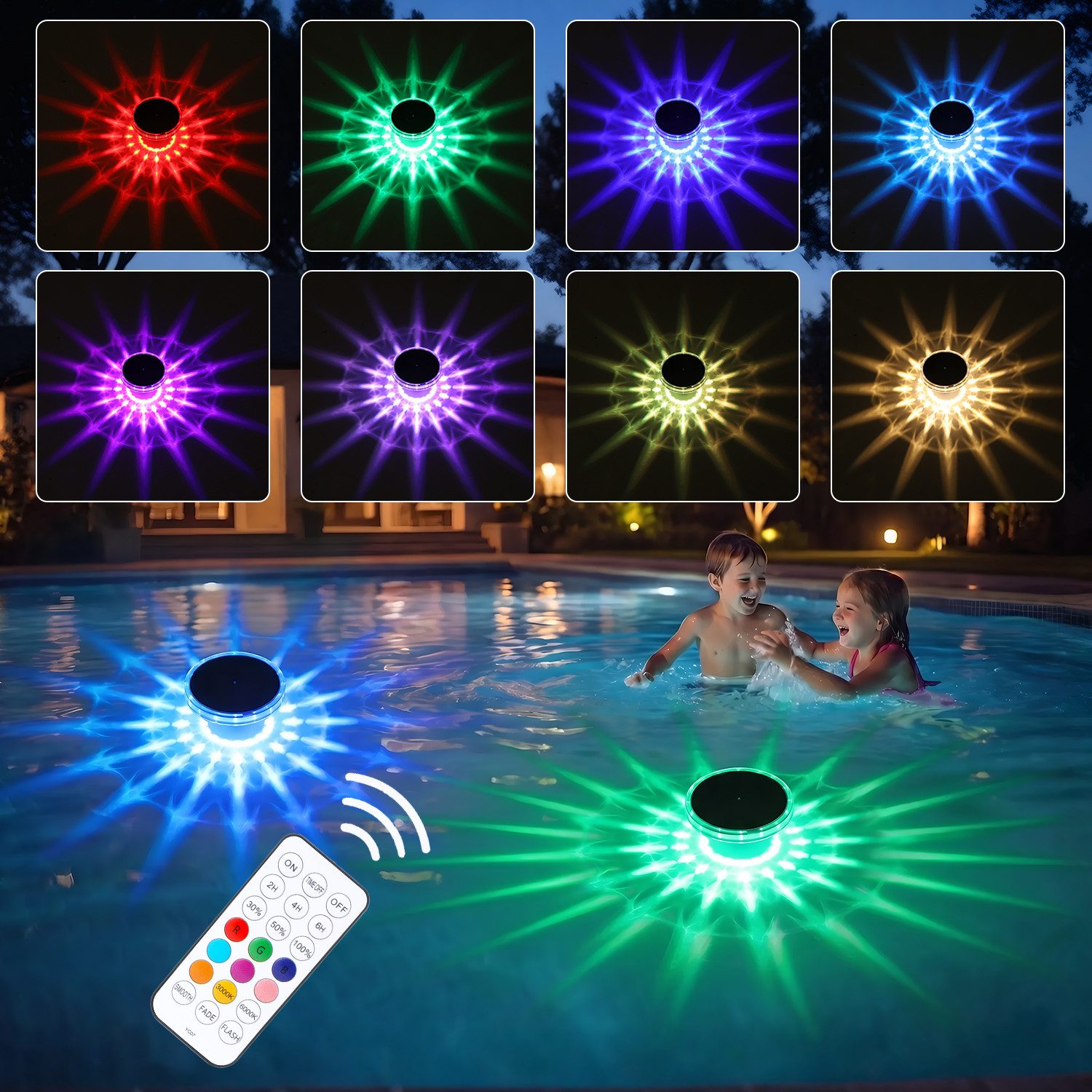 oyajia Pool-Lampe Schwimmende Poolbeleuchtung, RGB Solar Poollicht mit Fernbedienung, 2er Set, LED fest integriert, RGB, IP68 Wasserdicht Unterwasser Licht für Pool, Whirlpool, Teich, Garten