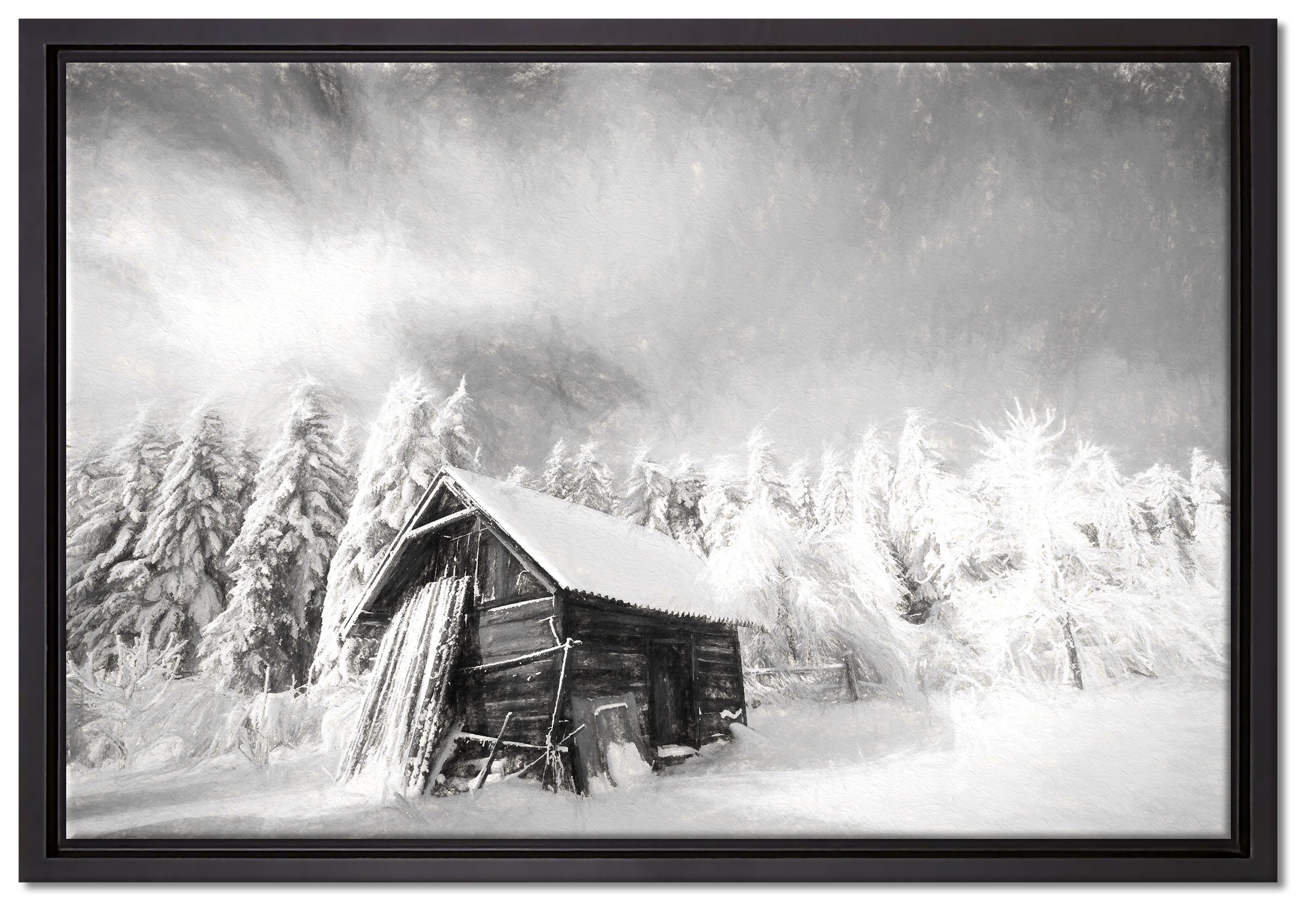 Pixxprint Leinwandbild Holzhütte im Schnee, Wanddekoration (1 St), Leinwandbild fertig bespannt, in einem Schattenfugen-Bilderrahmen gefasst, inkl. Zackenaufhänger