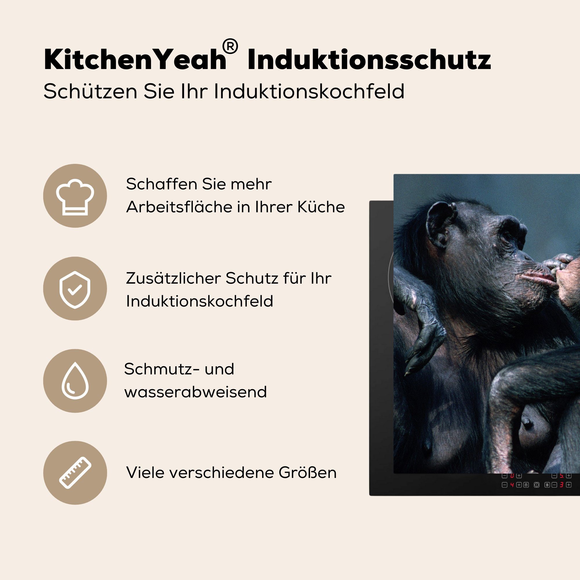 MuchoWow Schimpanse küche 78x78 Ceranfeldabdeckung, (1 Vinyl, für tlg), Herdblende-/Abdeckplatte cm, Tiere Arbeitsplatte - - Liebe,