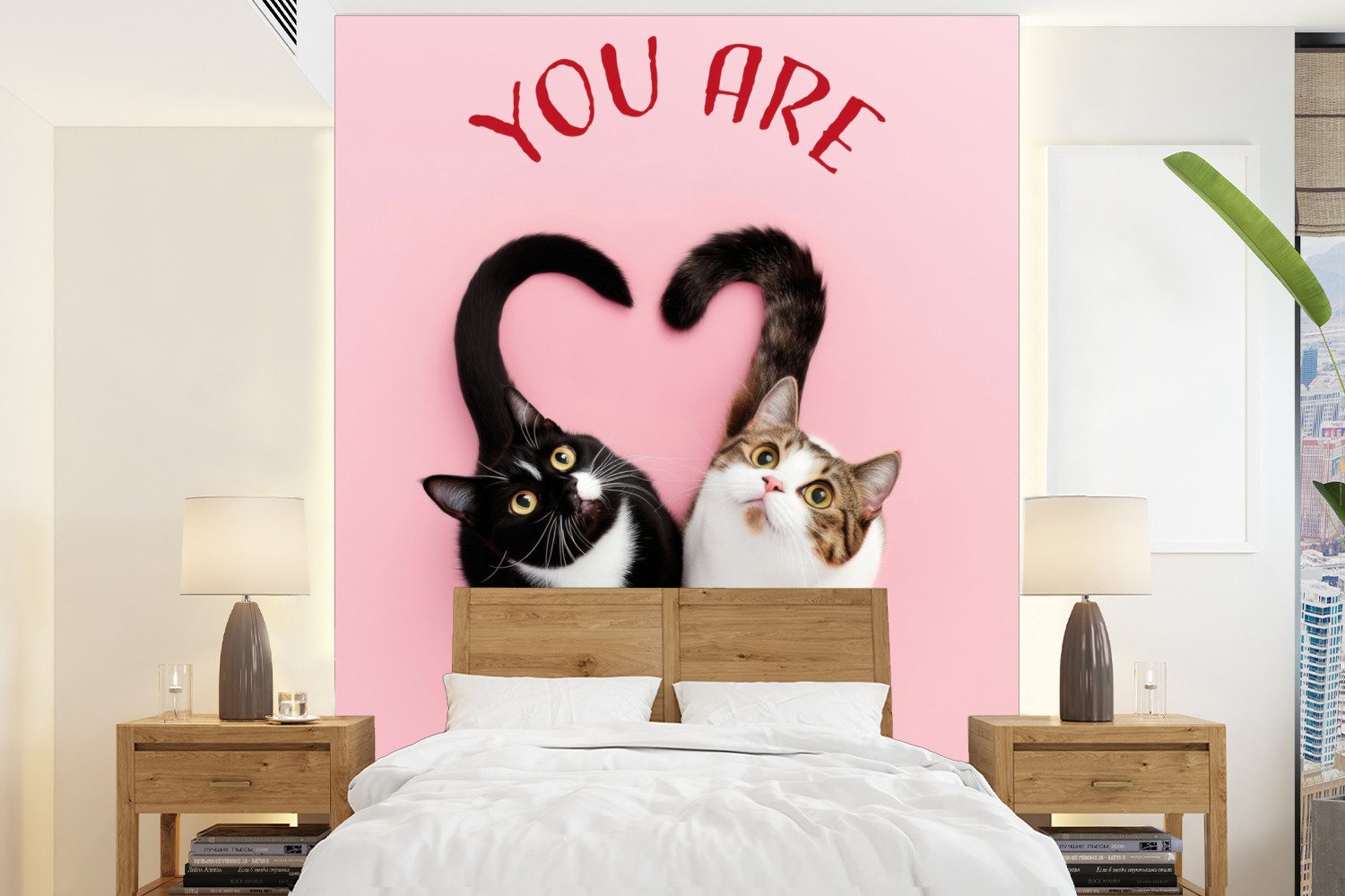 MuchoWow Fototapete Katze - Herz - Text - Valentinstag, Matt, bedruckt, Wallpaper für Wohnzimmer, Schlafzimmer, Vinyl Tapete, 165x220 cm