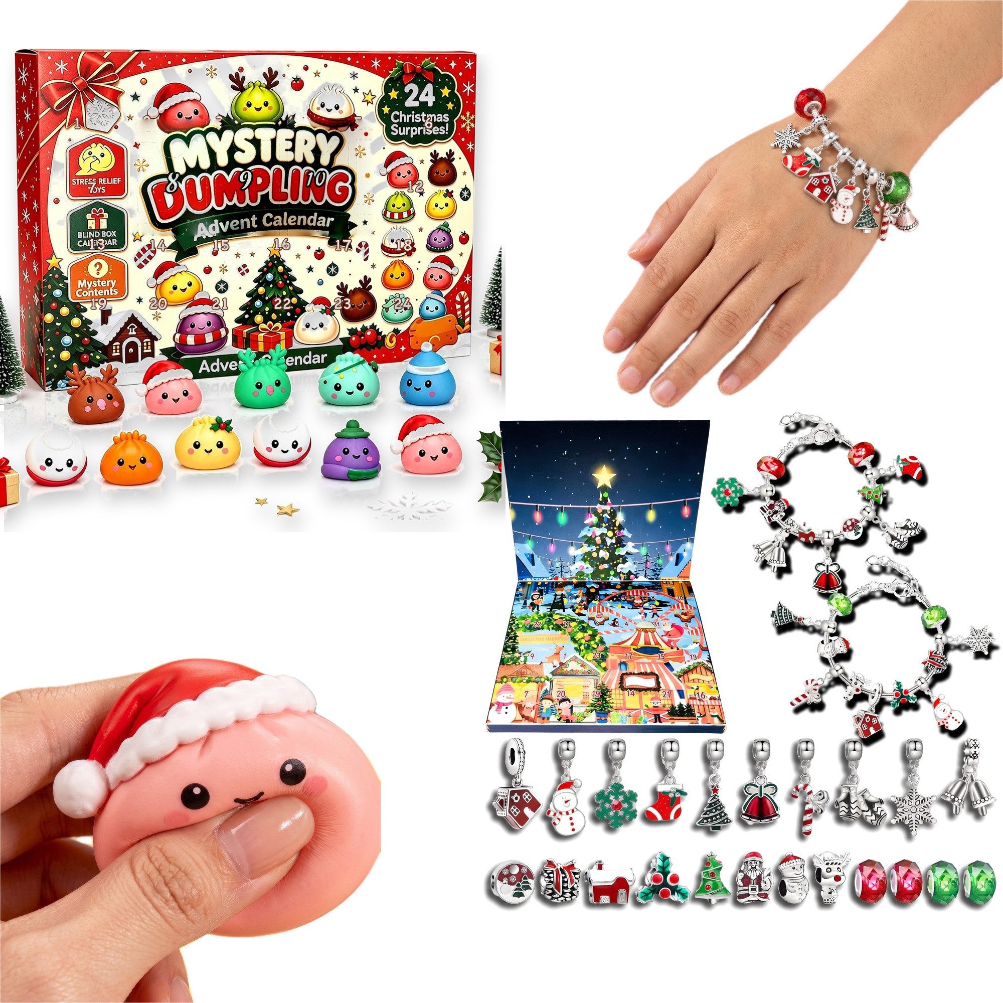 Lucadeau Spielzeug-Adventskalender Squishy Adventskalender 2026 Kinder + Schmuck-Kalender Rot-Grün (2 Sets je 24-tlg), Weihnachtskalender-Set mit Sammeltasche, beide nach EN 71 geprüft