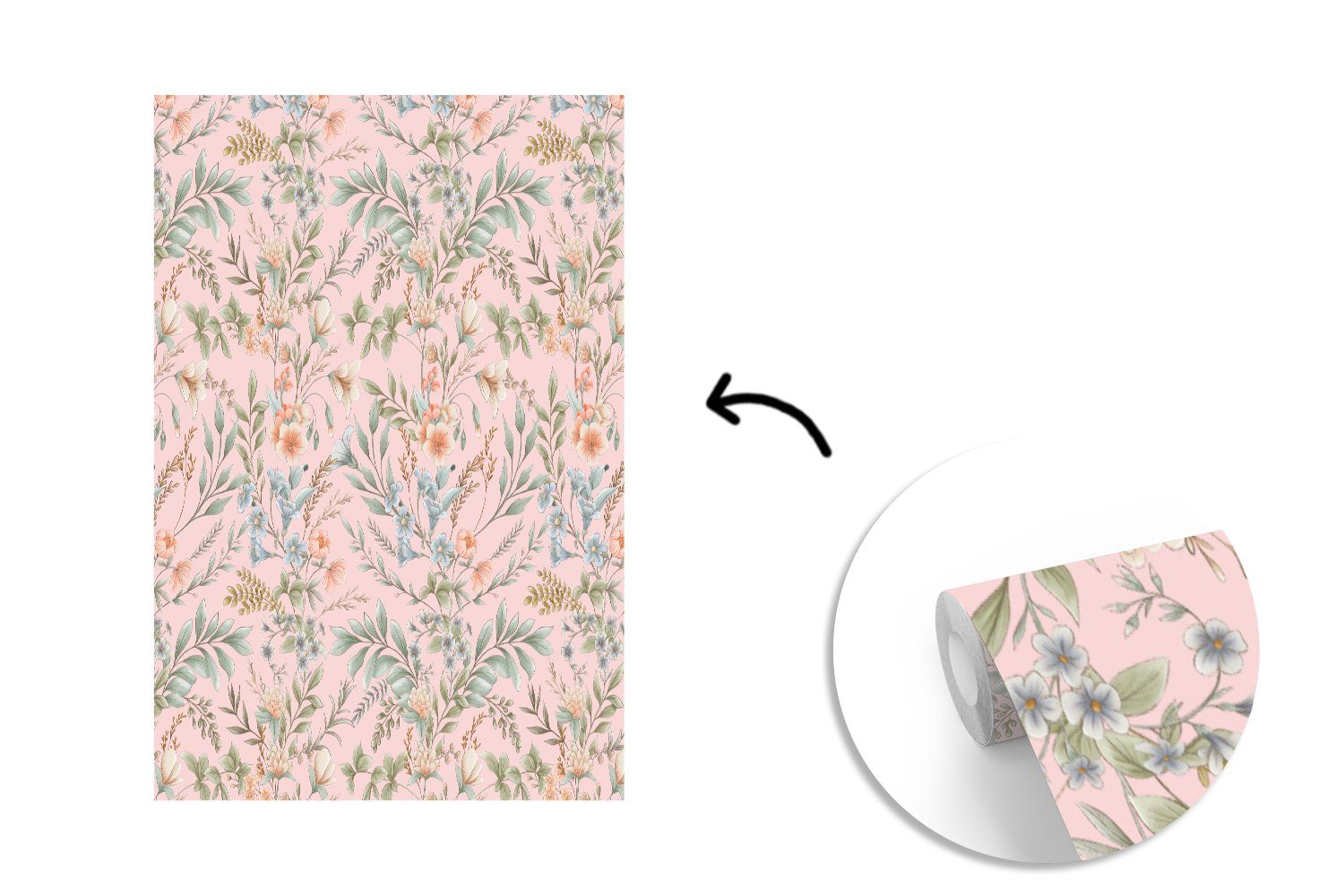 MuchoWow Wohnzimmer, Tapete bedruckt, - Vinyl Pastell Montagefertig Wandtapete - für Vintage, Blumen Matt, Fototapete St), (3