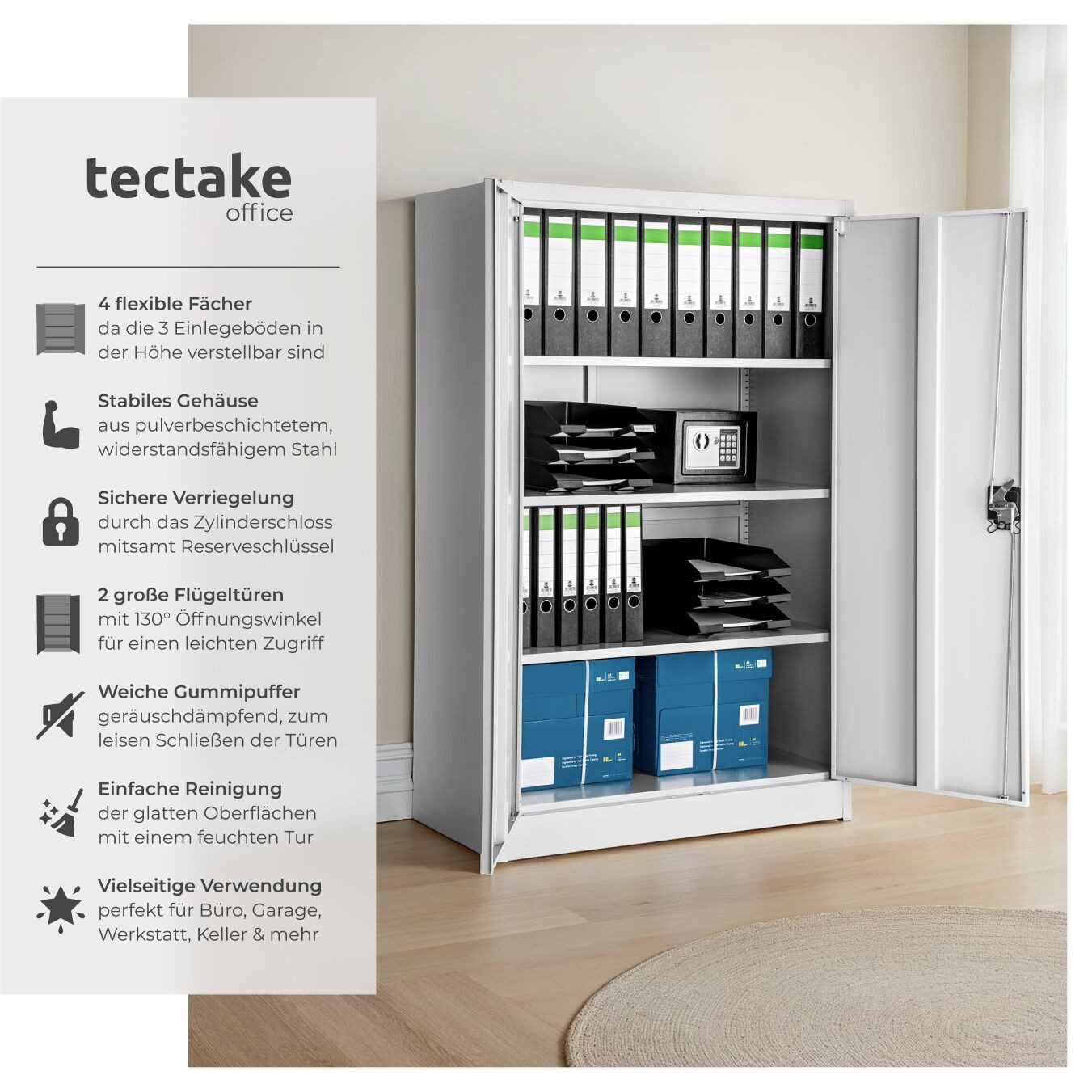tectake Aktenschrank abschließbarer Büroschrank mit 4 höhenverstellbaren Böden (Komplettset, 1-St., inkl. Schlüssel) pulverbeschichteter Stahl, stabiler Stand