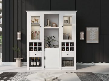 WISHDOR Standvitrine Anrichte (Buffet mit Weinregal,Dekorative Rahmenoptik) lasvitrine mit LED-Beleuchtung inkl. Fernbedienung