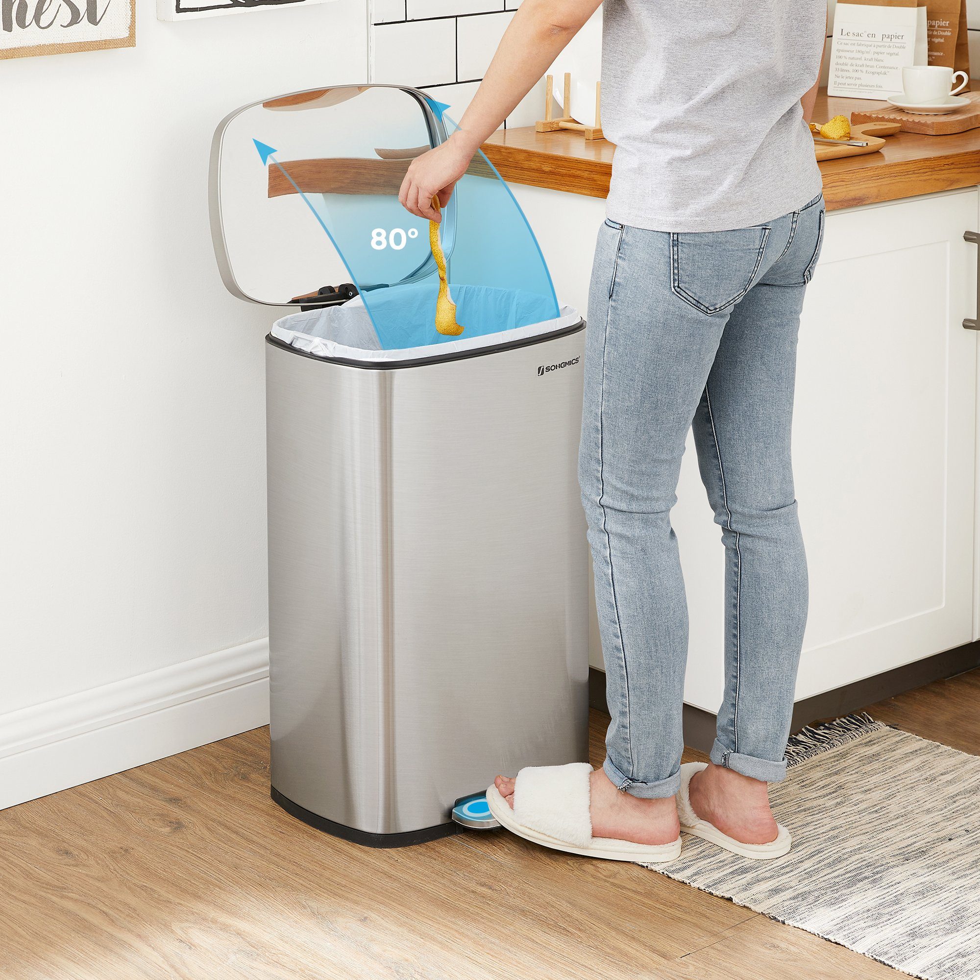 SONGMICS Mülleimer, Abfalleimer, 50 L, luftdicht, Stahl, Küche, silbern,Weiß