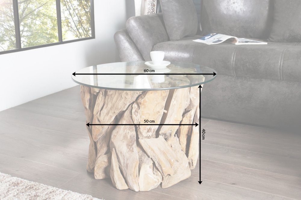 riess-ambiente Couchtisch RIVERSIDE / · rund Glasplatte Massivholz-Gestell Wohnzimmer · · 60cm natur · Handarbeit transparent