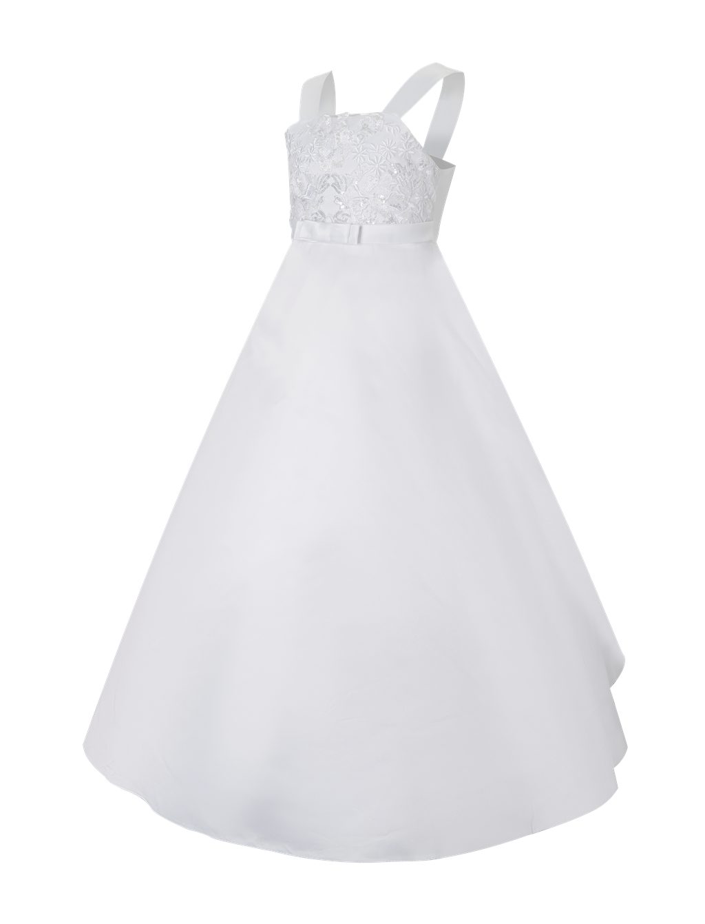 Märchenburg Satinkleid Eleganza Blanca, Kommunionkleid, Prinzessinnenkleid Satin m. Reifrock - KOMMUNIONKLEID - Tulpe 2026 - mit floralen Stickereien