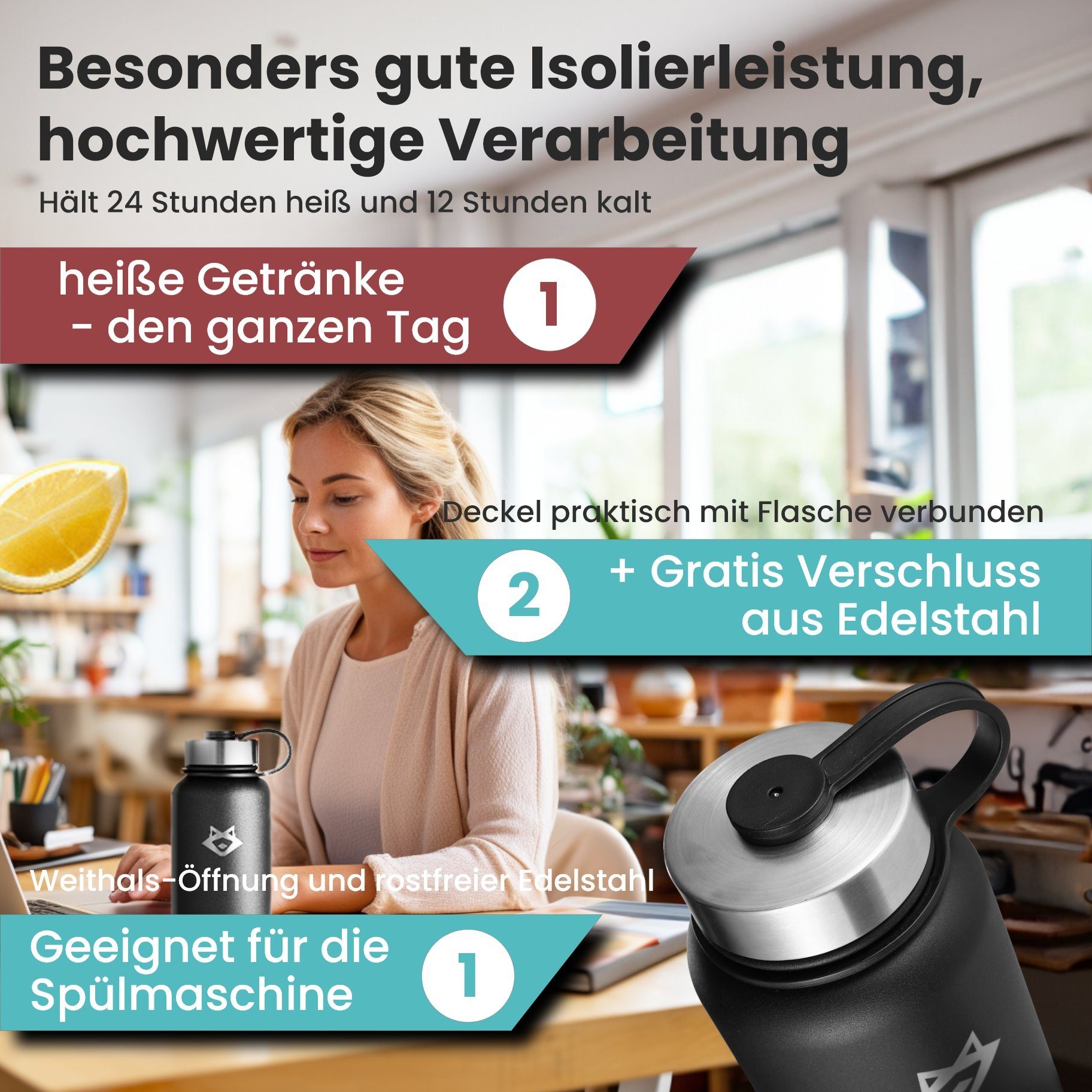 Isolierflasche Vakuumisolierung, Ein- Aufsätzen, kalt Isolierflasche Geschenkbox Paratito 950ml, Hält heiß lange und innov. und Paratito® mit Matt-Schwarz mit + Edelstahl