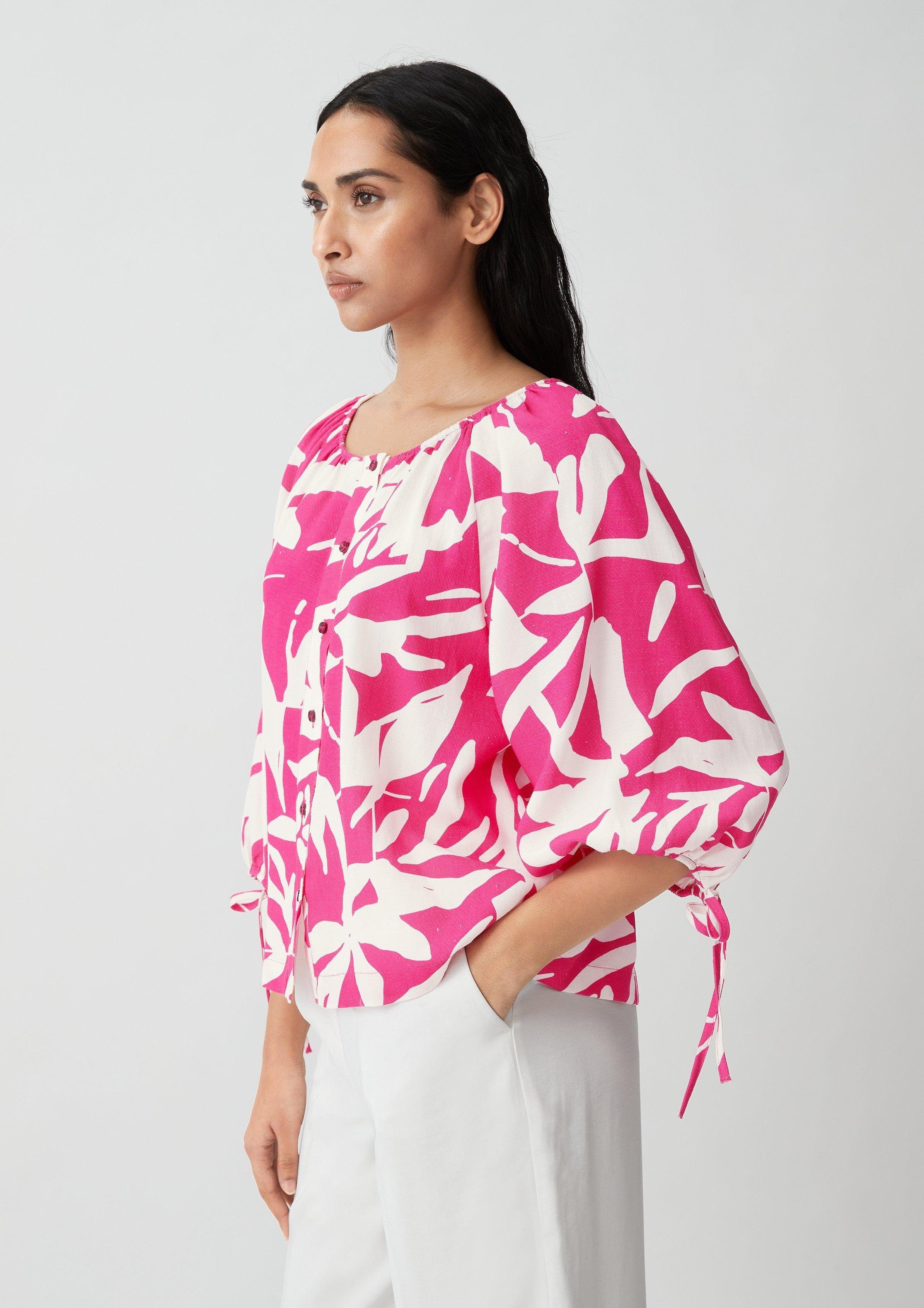 Comma 3/4-Arm-Shirt Twill-Bluse aus Viskosemix Raffung pink-weiß