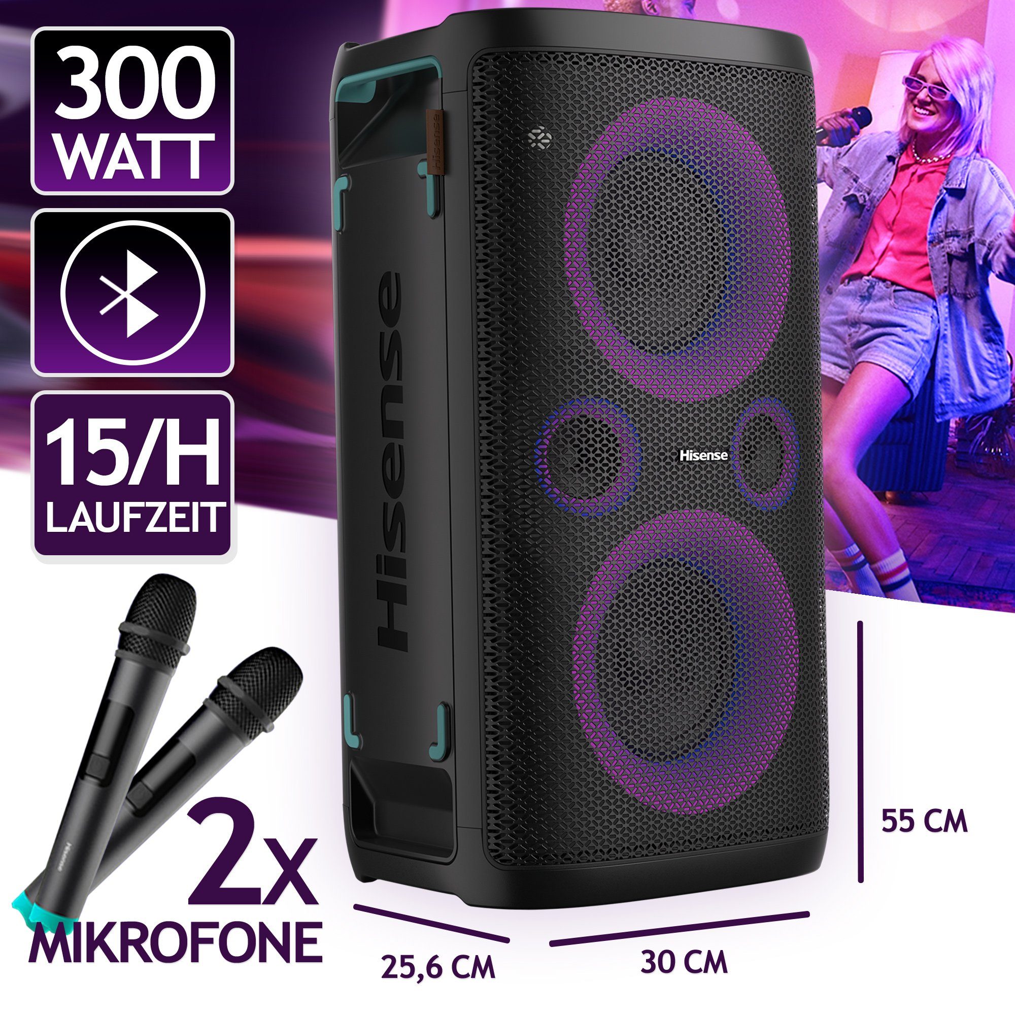 Hisense Party Rocker One Plus Lautsprecher (Bluetooth, 300 W, Kabelloses Aufladen furs Telefon, Oberfläche wasserdicht: IPX04)