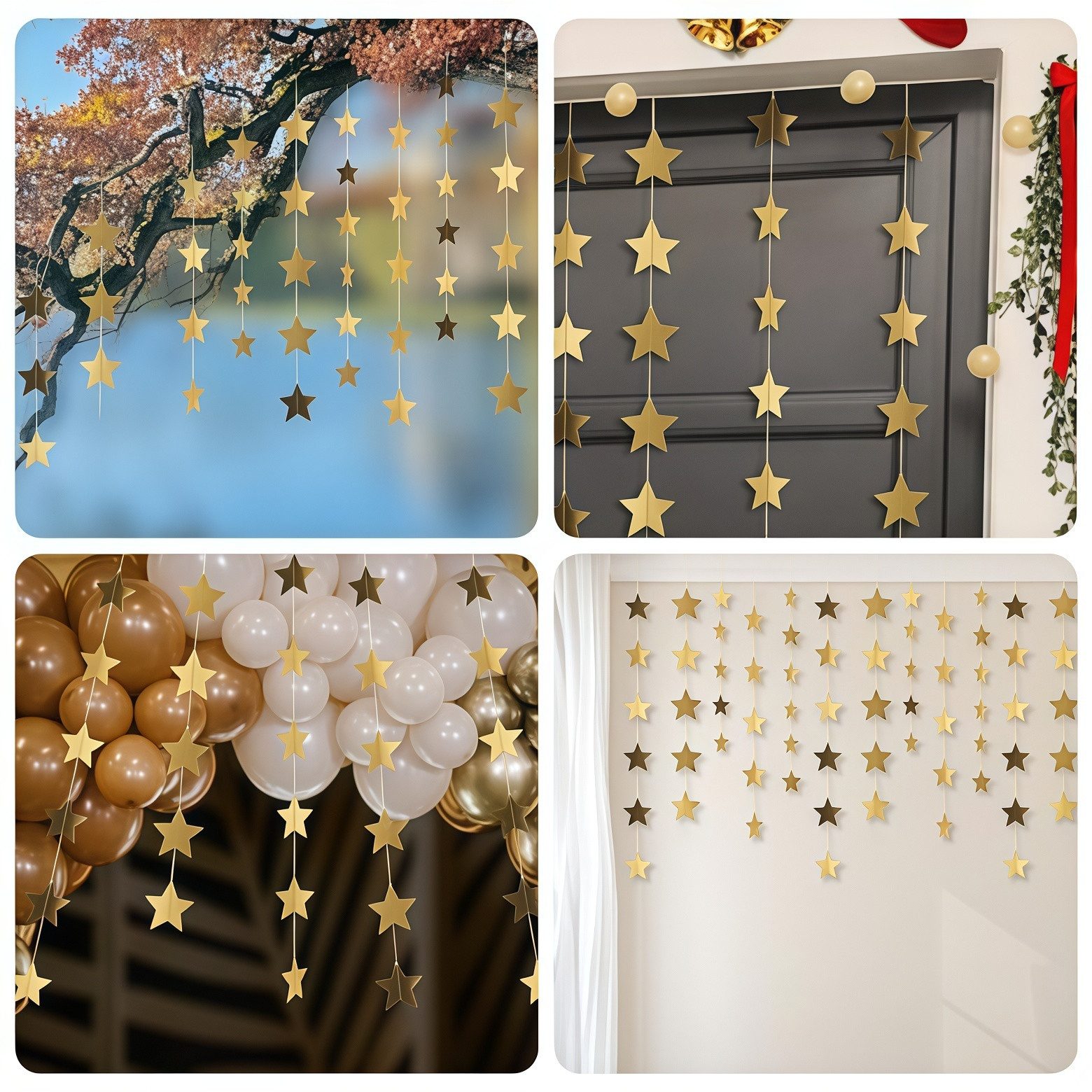 FOUORTUNATE-BEE Hängedekoration 6er Set Glitzer-Stern-Girlanden je 4 m in Gold (6 St), Hängende Stern-Deko für Geburtstag, Hochzeit & Party