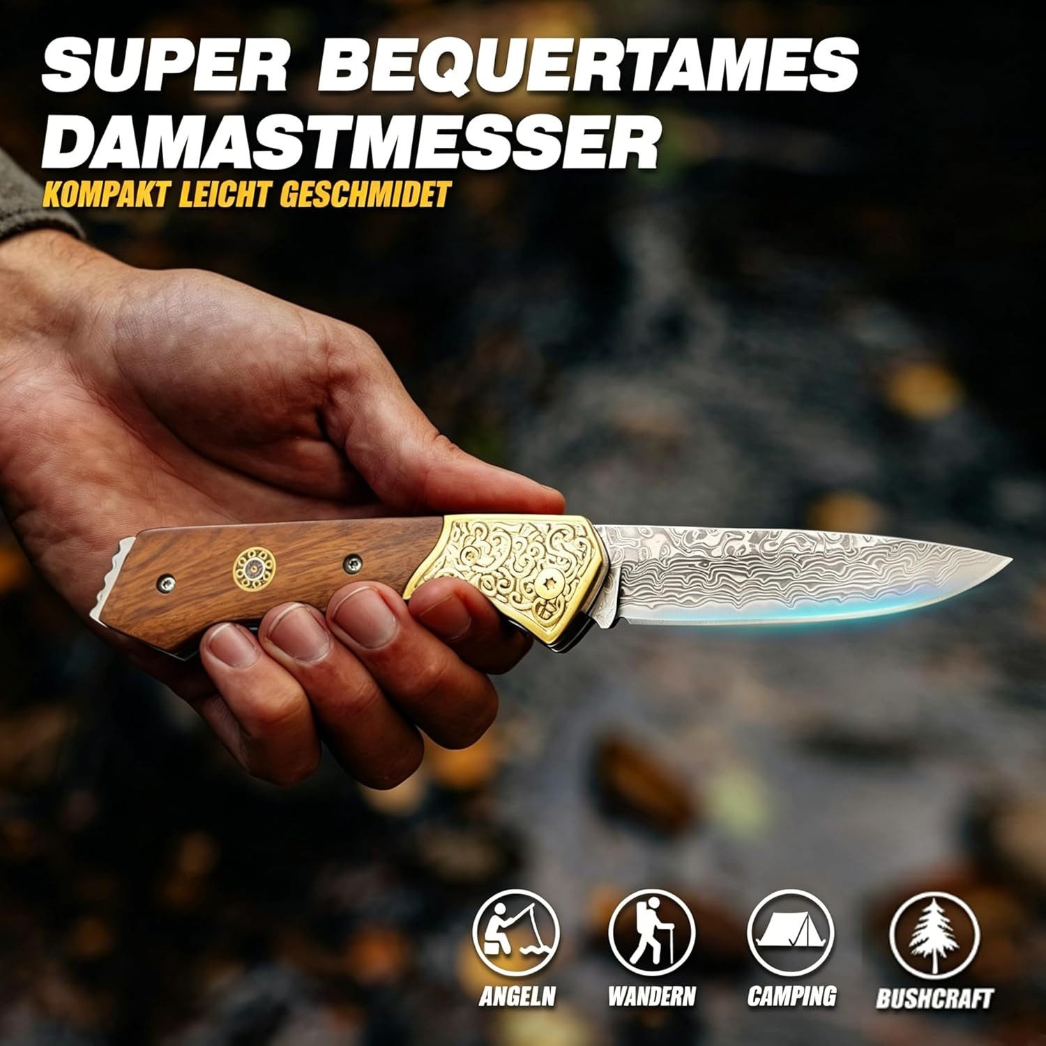 KingLux Damastmesser Einhandmesser Damast Taschenmesser Outdoor Klappmesser
