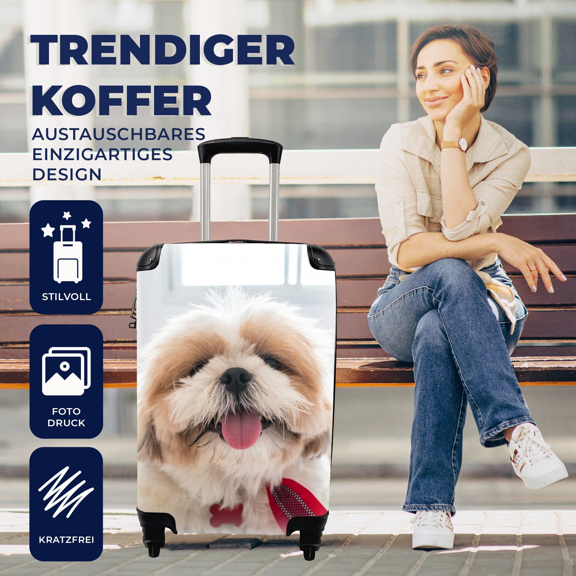 MuchoWow Handgepäckkoffer Ein Shih Tzu auf Hund rollen, Rollen, weißen für liegt mit einem Trolley, Handgepäck Reisekoffer Bett, Ferien, Reisetasche 4