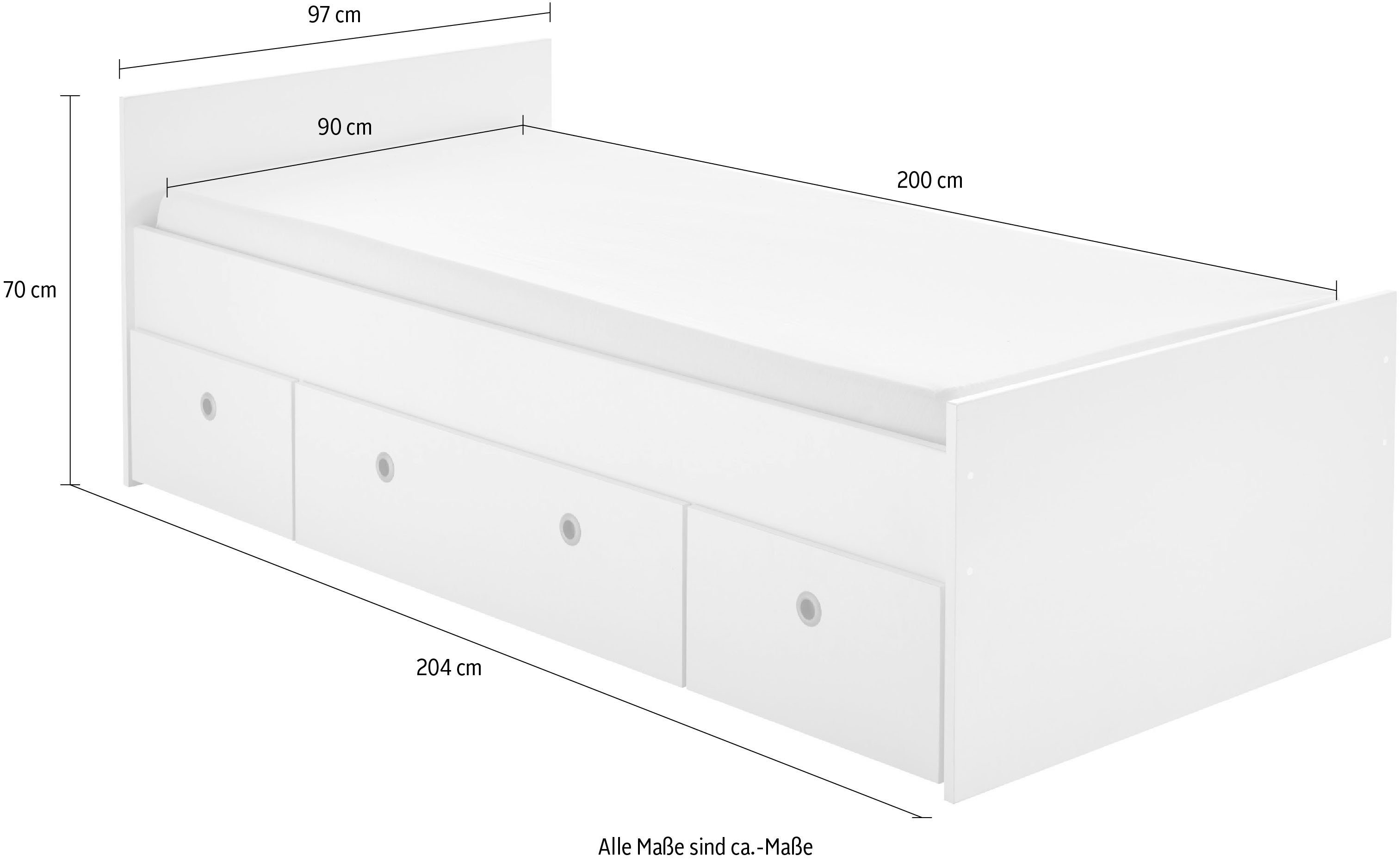 arthur berndt Stauraumbett Bente 1, TOP PREIS, viel Stauraum, 2 Breiten (90cm + 120cm), mit Melamin-Oberfläche, 3 Schubkästen auf Rollen, MADE IN GERMANY