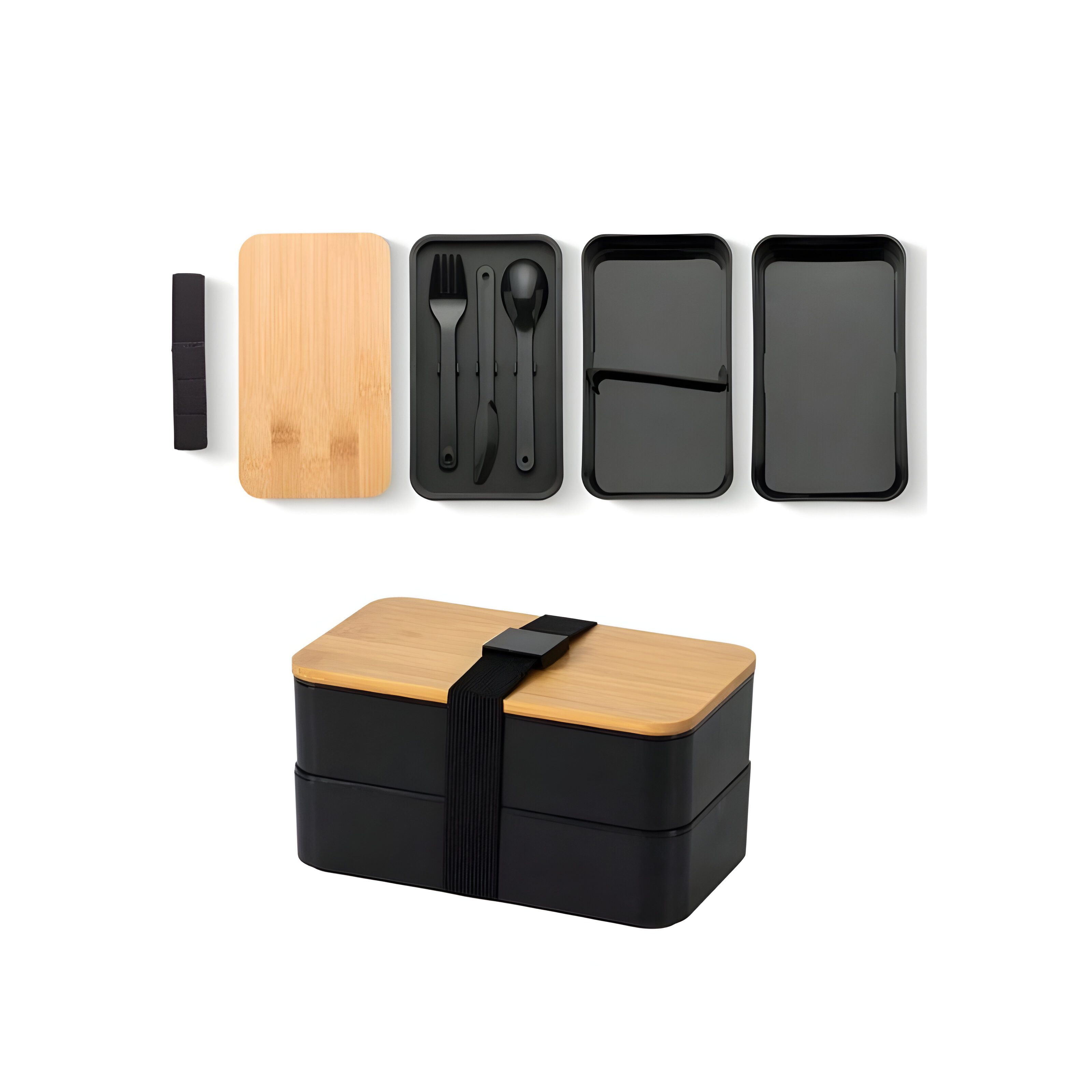 WS-Trend Lunchbox Doppelte Lunchbox 1,3L mit Bambusdeckel & Besteck – 4-teilig, Bambus, (Set, 4-tlg)