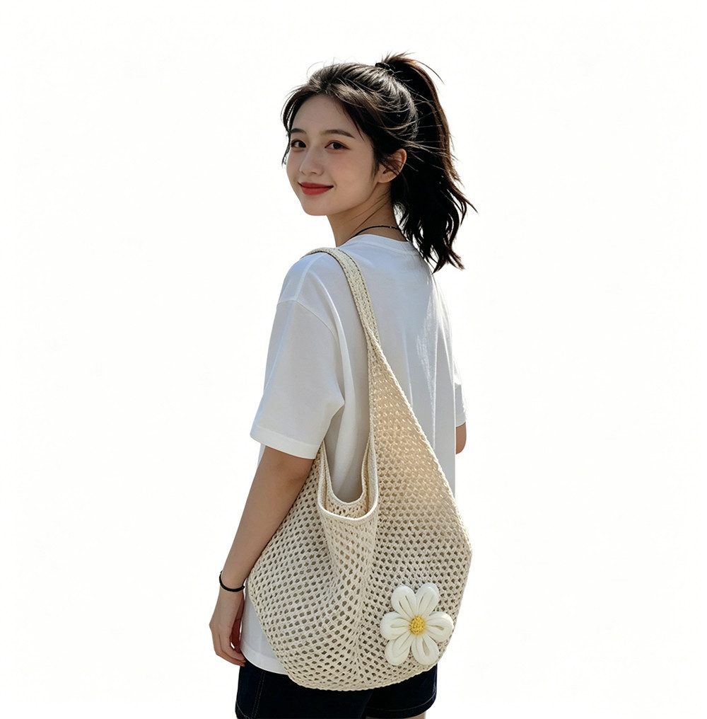 Zaewry Schultertasche Häkel-Strandtasche für Damen,vielseitig und perfekt für den Alltag, große Tote, gewebte Handtasche mit Blumenstickerei, Netz-Strandtasche