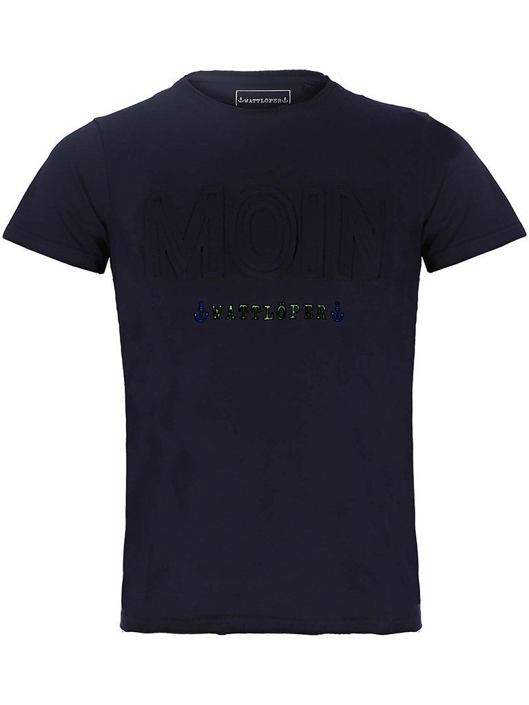 Wattlöper T-Shirt 11257SH Herren Kurzarm-Shirt PopUp-Schriftzug Moin mit langem Schnitt Sommershirt & Freizeitshirt aus Baumwolle mit Rundhalsausschnitt