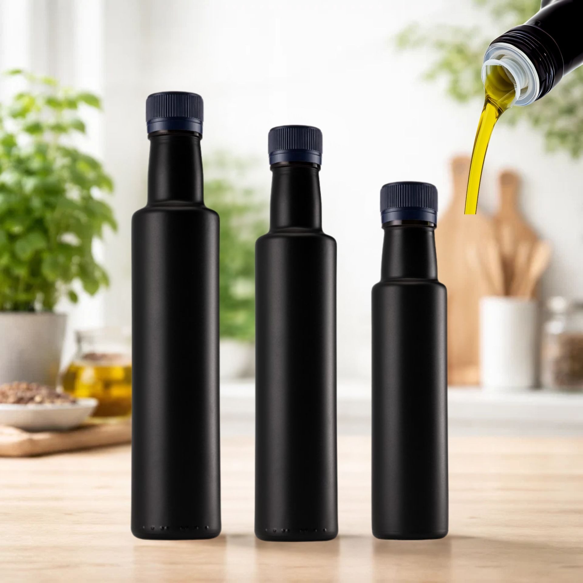 mikken Ölspender 4er Set Ölflasche 250 ml Glasflasche schwarz mit Ausgießer Dosierer, (Spar-Set), mit Originalitätsring, mit Beschriftungsetiketten, matt schwarz