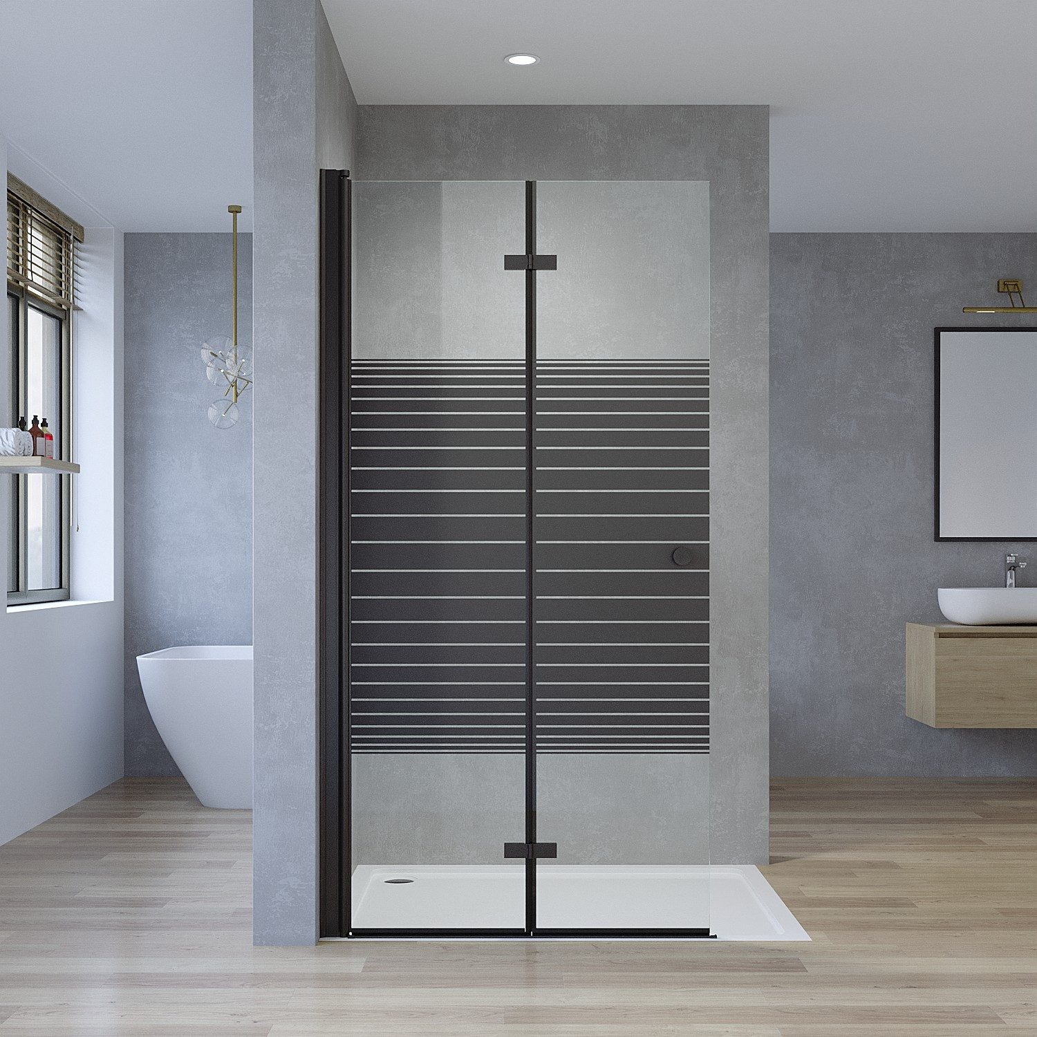 AQUABATOS Duschwand Walk-in-Dusche Glaswand faltbar mit Streifendekor Breite 65-115 cm, Sicherheitsglas, (Packung), 5mm Sicherheitsglas Duschtür schwarzmatt Höhe 187cm Wandausgleich 15mm