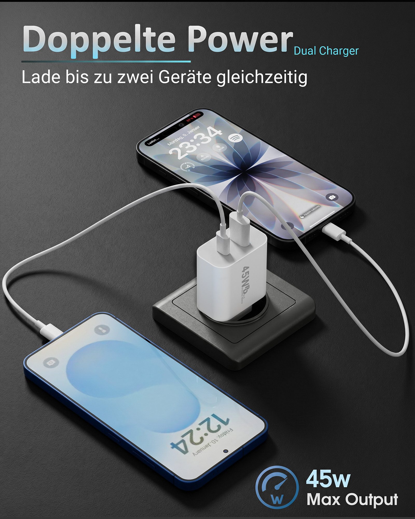 GreenHec 45w Schnellladegerät USB C Charger für Samsung S26 S25 S24 S23 iPhone Schnelllade-Gerät (50 mA, Spar-Set, 45w USB-C + USB-A Dual Charger + USB-C Kabel, 17 16 15 14 13 12 11 Pro Max Air Netzteil + USB-C Ladekabel 1m 2m 3m)