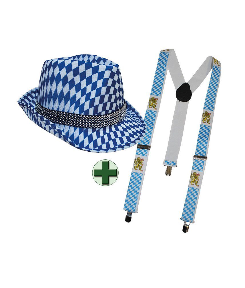 Kostüm Oktoberfest Hut blau weiß mit Hosenträger Bayern