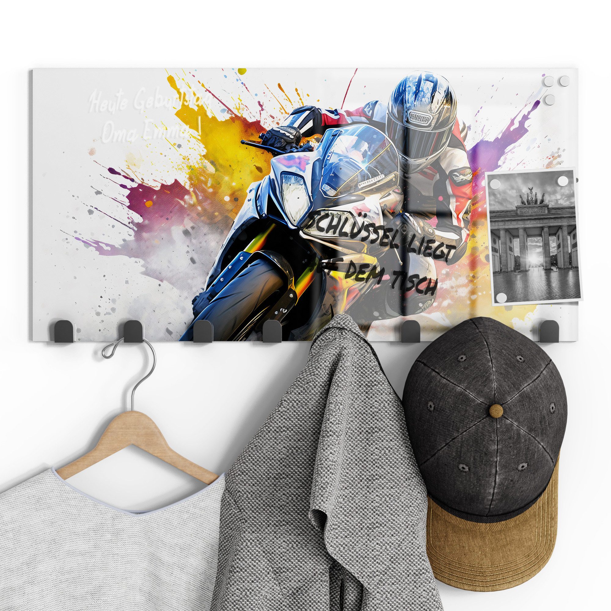 DEQOART Kleiderhaken 'Rasender Impuls', Glas Garderobe Paneel magnetisch beschreibbar