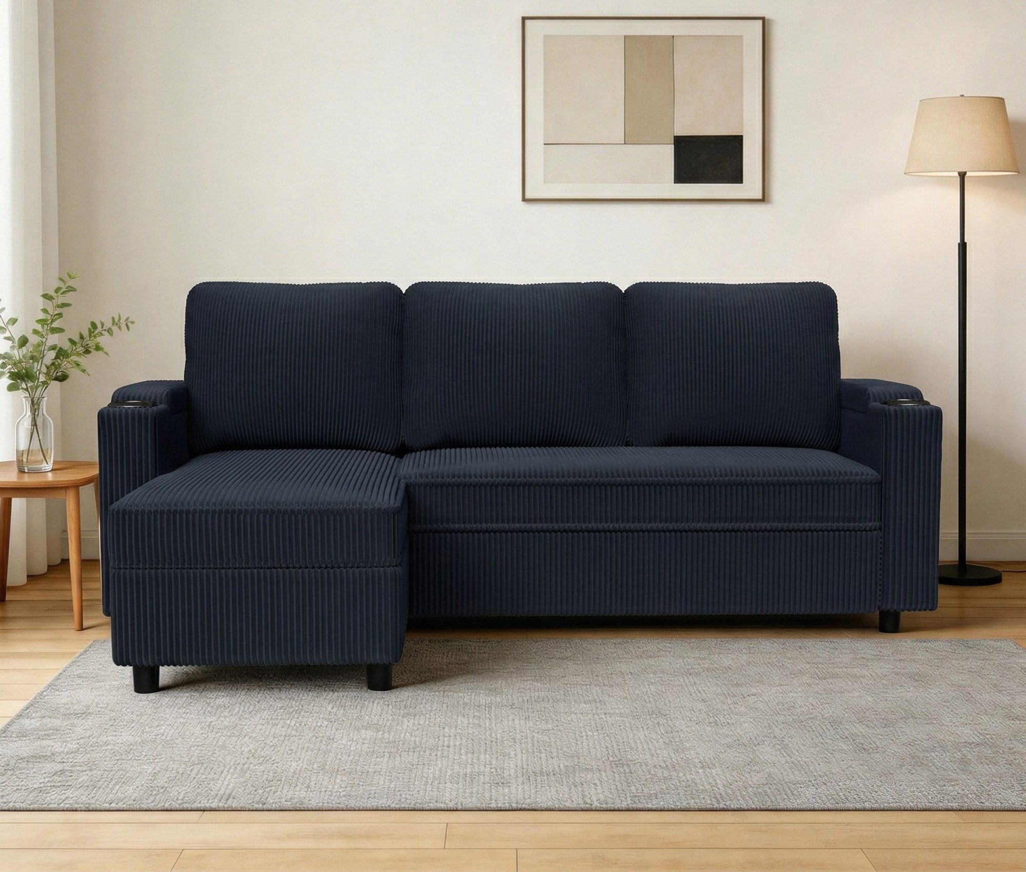 GUNJI Sofa L/U-Sofa mit Schlaffunktion Schlafsofa, Transformationssofa mit Stauraum und Becherhalter - flexibel umkehrbares Layout
