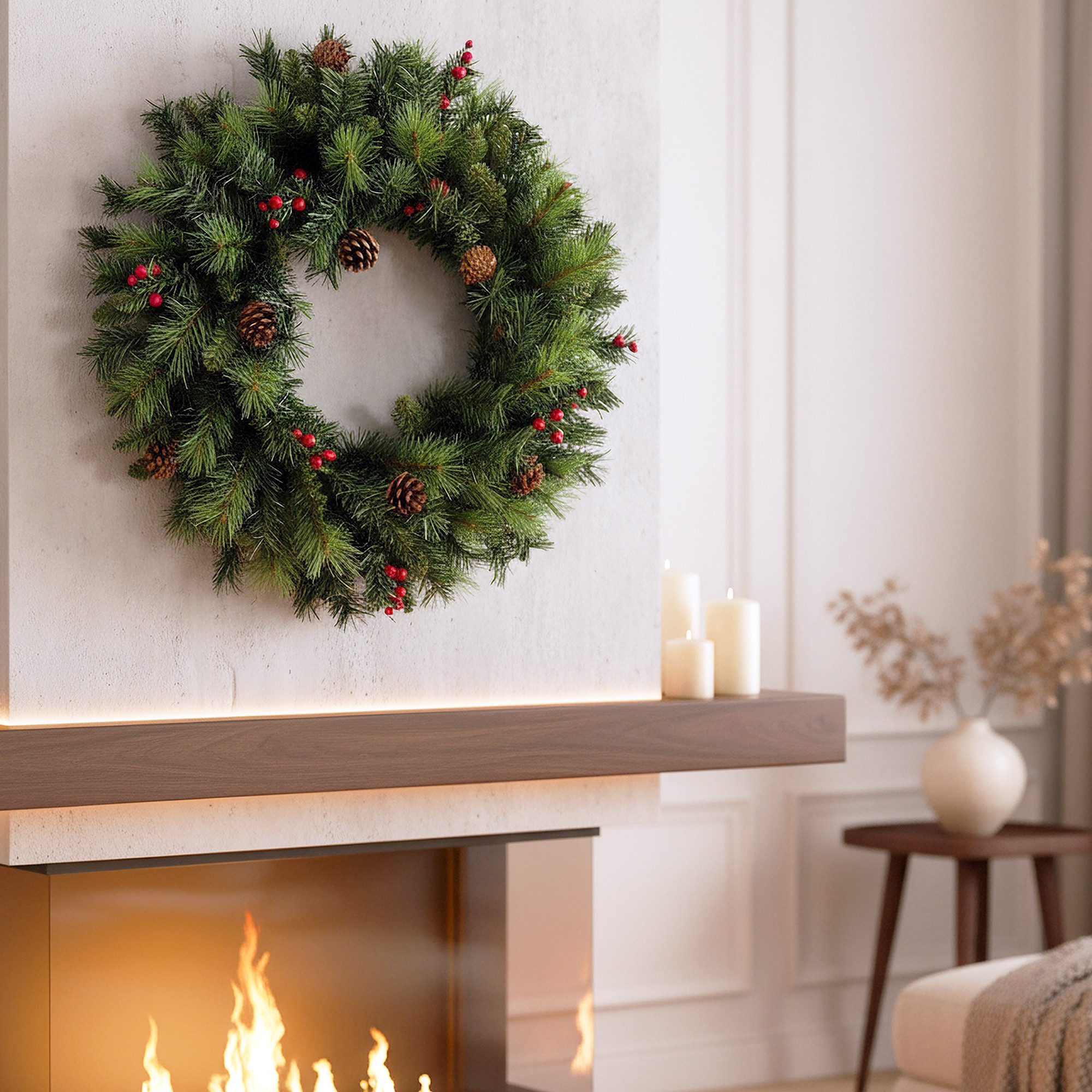 Arnusa Dekokranz Künstlicher Weihnachtskranz 60 cm mit roten Beeren und Zapfen, Weihnachtsdekoration Tannenkranz groß – Bild 4 von 5
