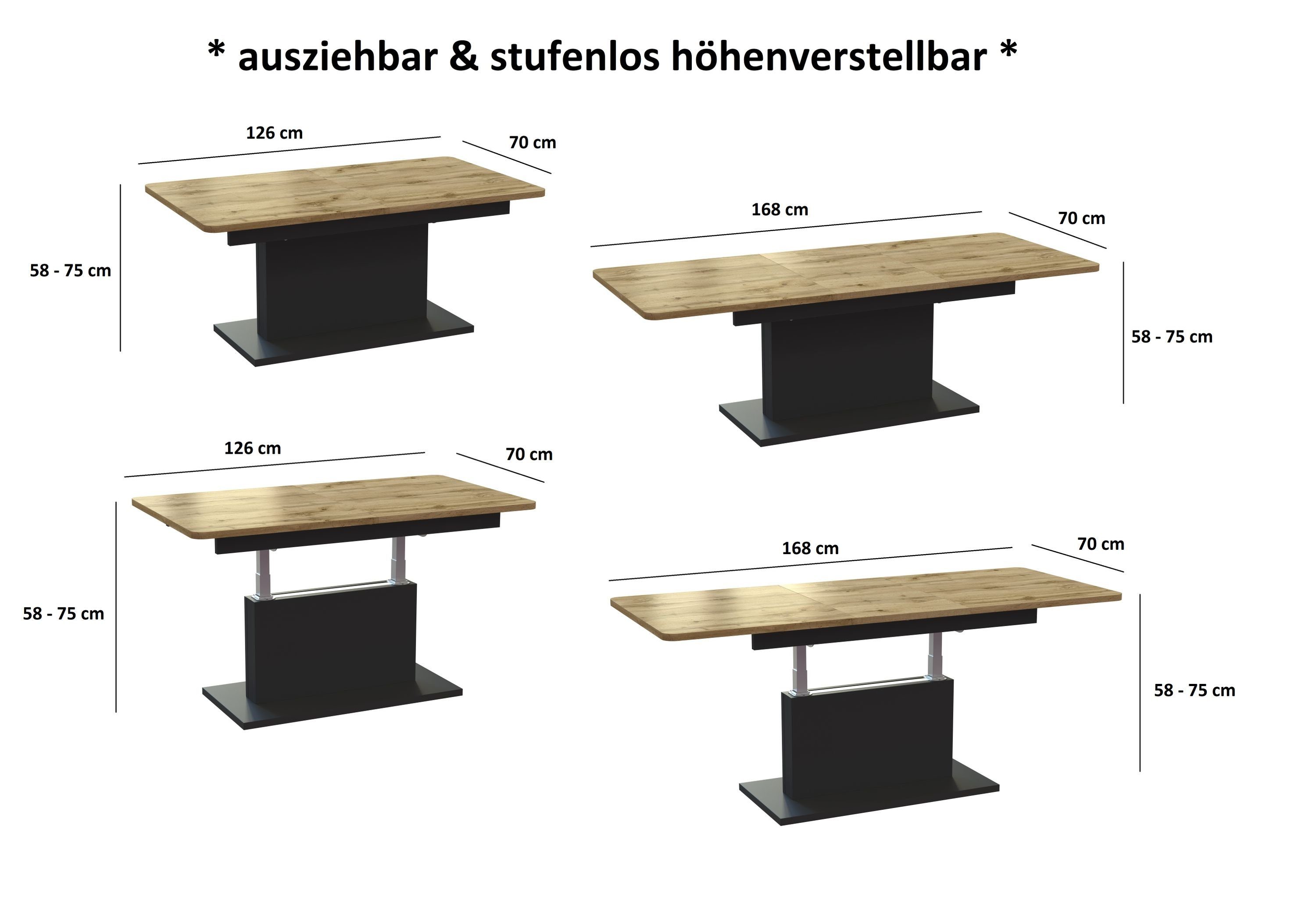 Couchtisch Tisch Wotan Wotan Eiche Schwarz Schwarz Couchtisch Eiche DC-1 / höhenverstellbar designimpex ausziehbar matt