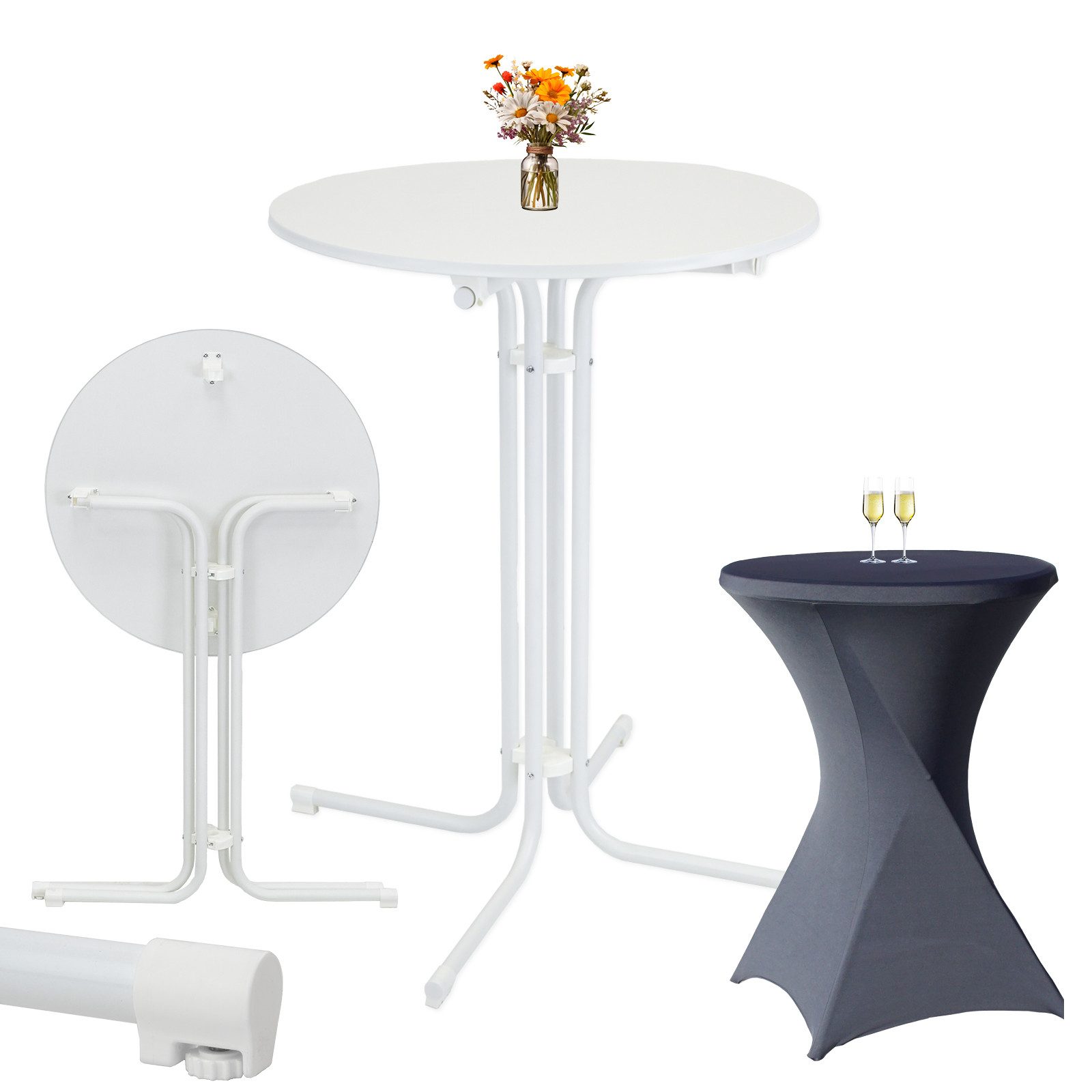 TRUTZHOLM Stehtisch klappbar Ø 80 cm in Weiß & Husse Anthrazit bügelfrei für Bistrotisch (Set aus Stehtisch und Husse)