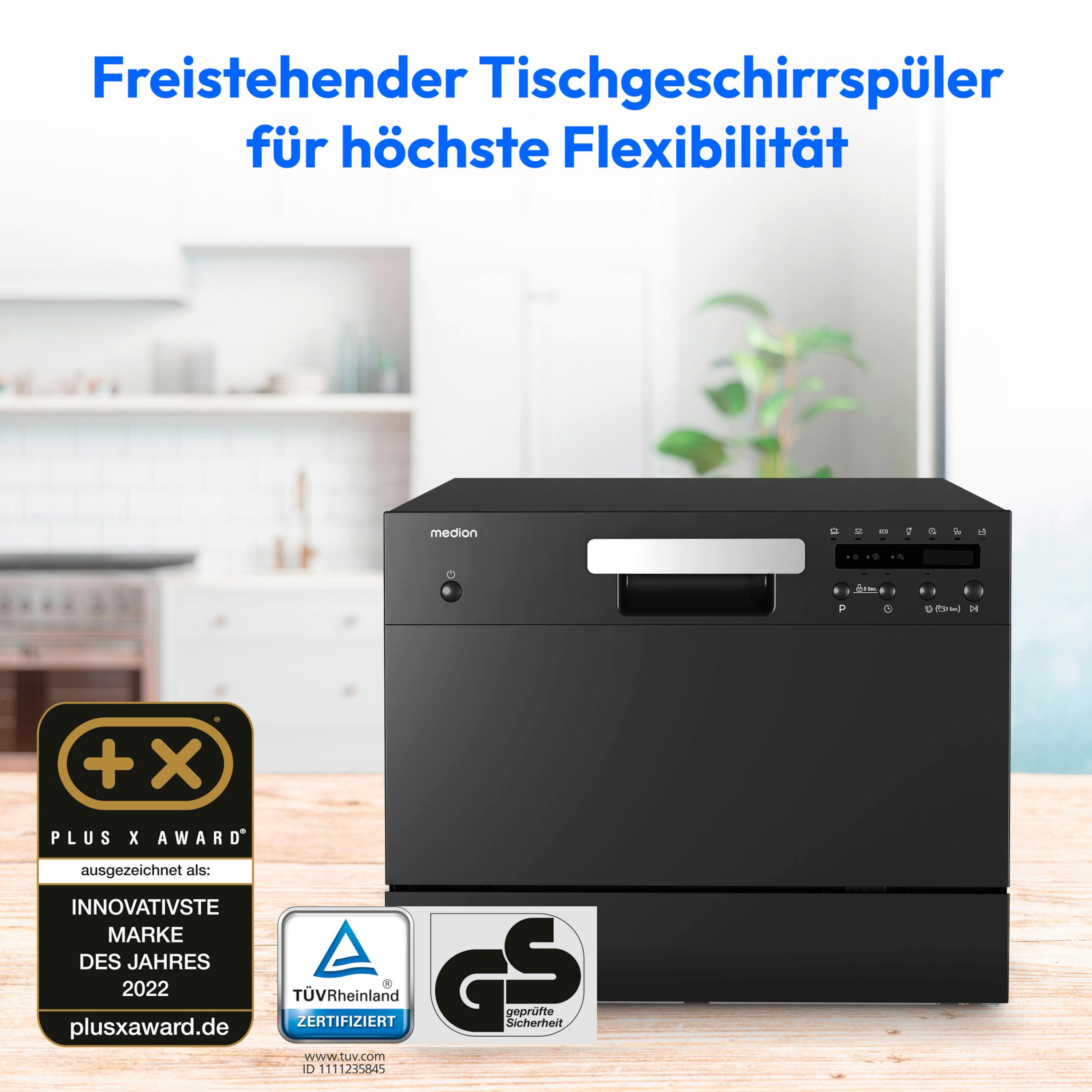 Medion® Tischgeschirrspüler MD37496, 6 Maßgedecke, mit/ohne Wasseranschluss, 7 Reinigungsprogramme, freistehend, schwarz