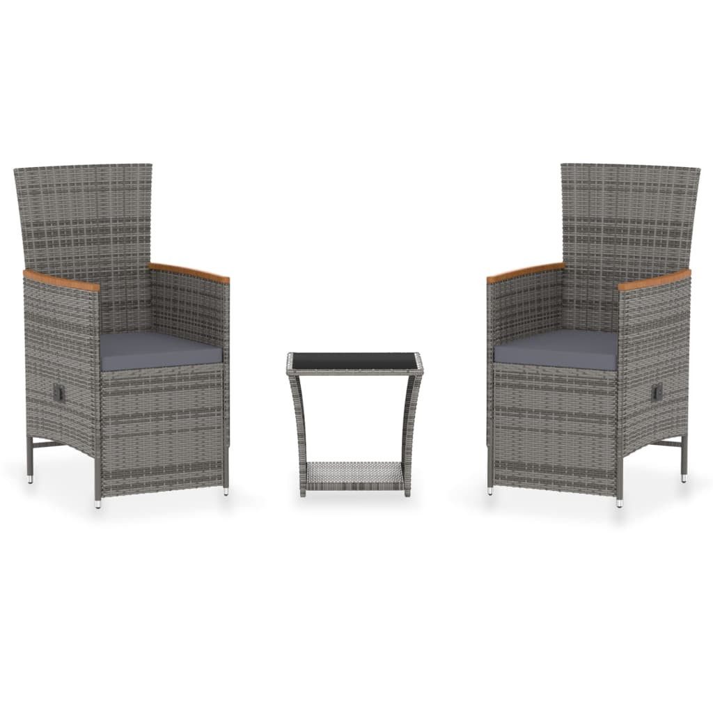 vidaXL Gartenlounge-Set 3-tlg. Garten-Lounge-Set mit Kissen Poly Rattan Grau, (1-tlg)