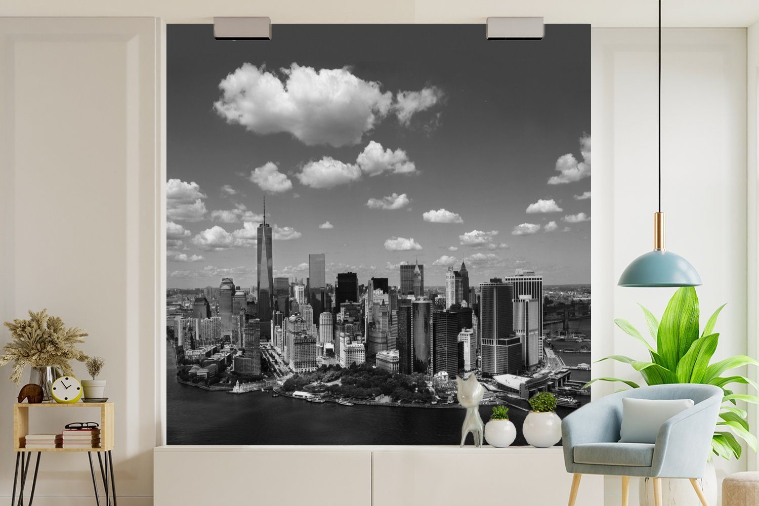 Tapete Matt, Wohnzimmer für Wandtapete weiß, Fototapete bedruckt, (5 St), oder Schlafzimmer, und Skyline Manhattan MuchoWow Vinyl schwarz