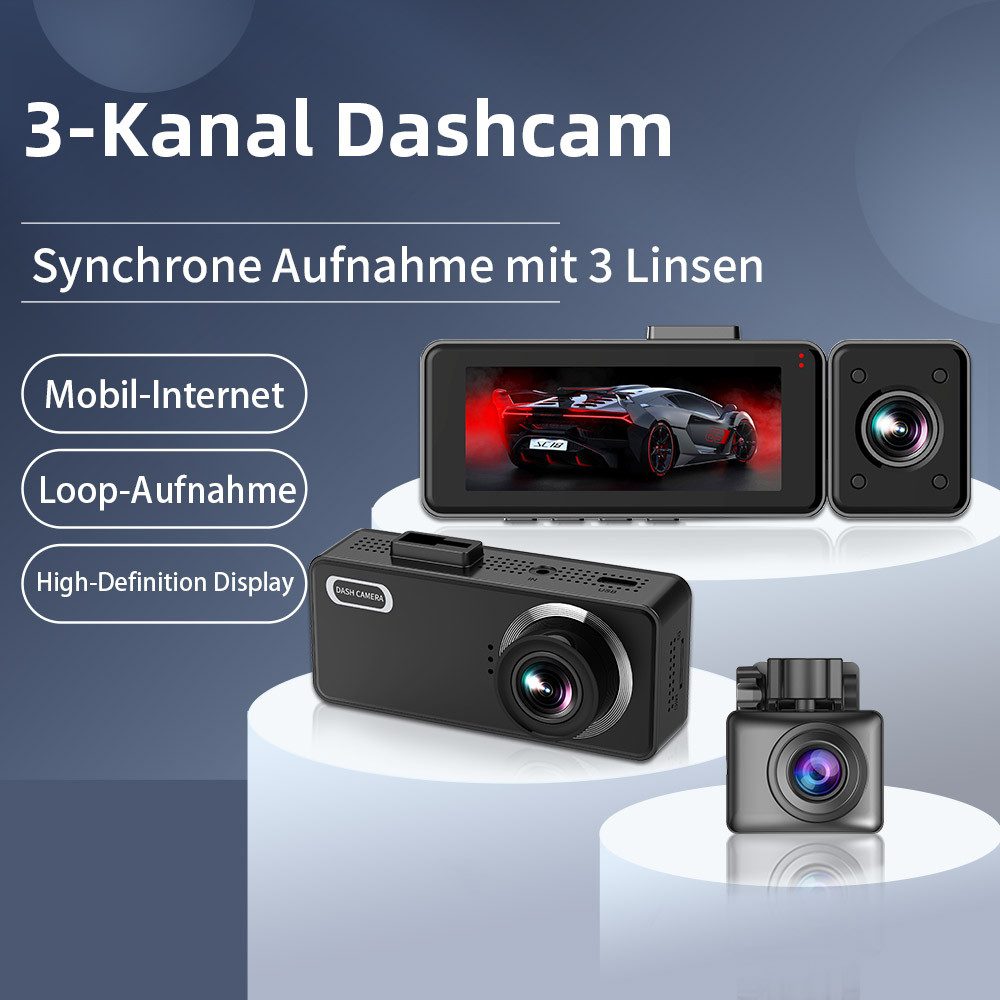 Tekoo Dashcam 3 Kanäle 2K mit WLAN App, 24h Parküberwachung, 3,16 Zoll Dashcam (2K Quad HD (1440p), WLAN (2.4GHz), inkl. Rückkamera, Kfz-Ladekabel, Saugnapfhalterung, Klebepad, 360° drehbare Innenlinse, WLAN-App, WDR Nachtsicht, USB-C, IPS)