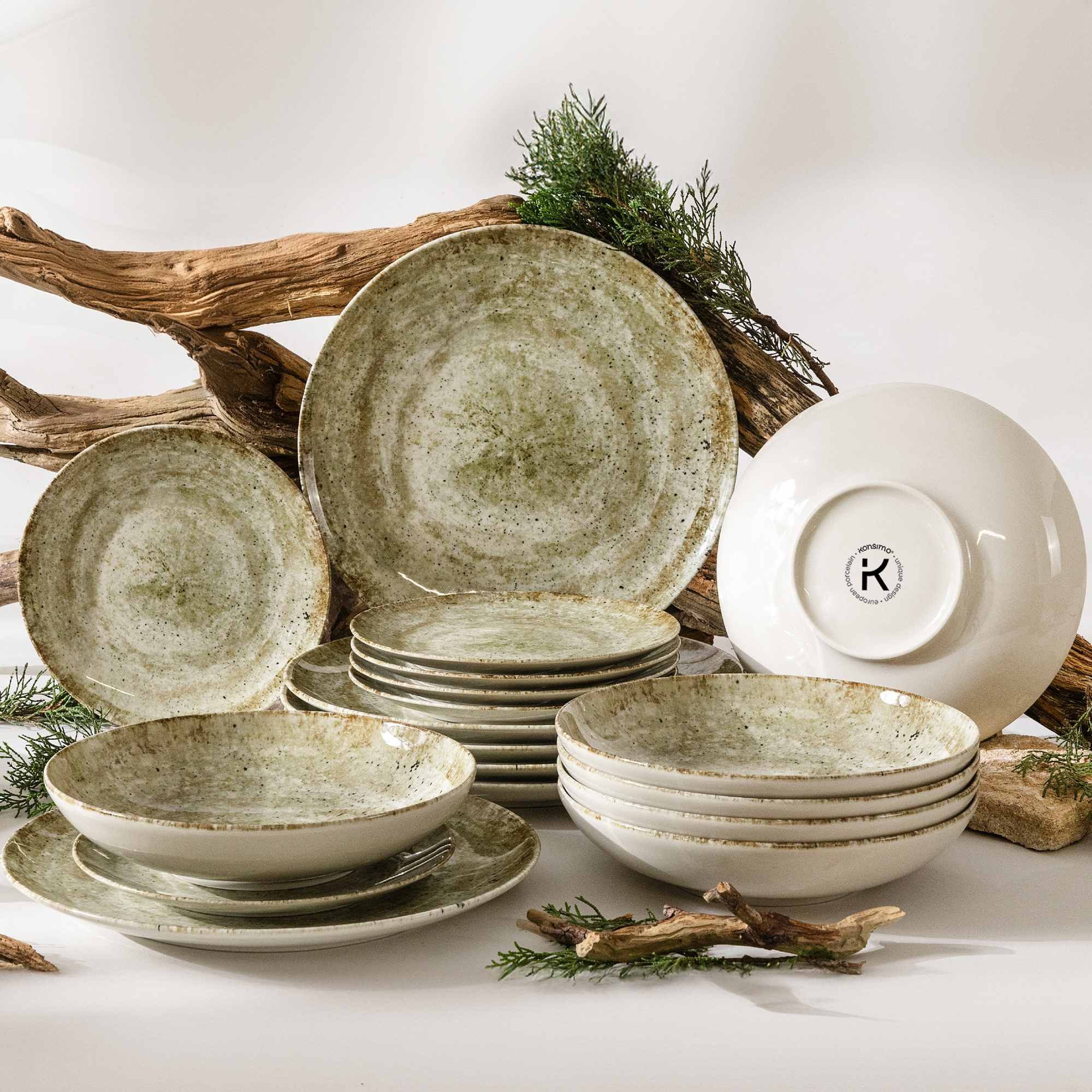 KONSIMO® Tafelservice ERATO Geschirr-Set, hergestellt in der EU, (18-tlg), 6 Personen, Porzellan, spülmaschinengeeignet, mikrowellengeeignet, Rundform, Hartporzellan