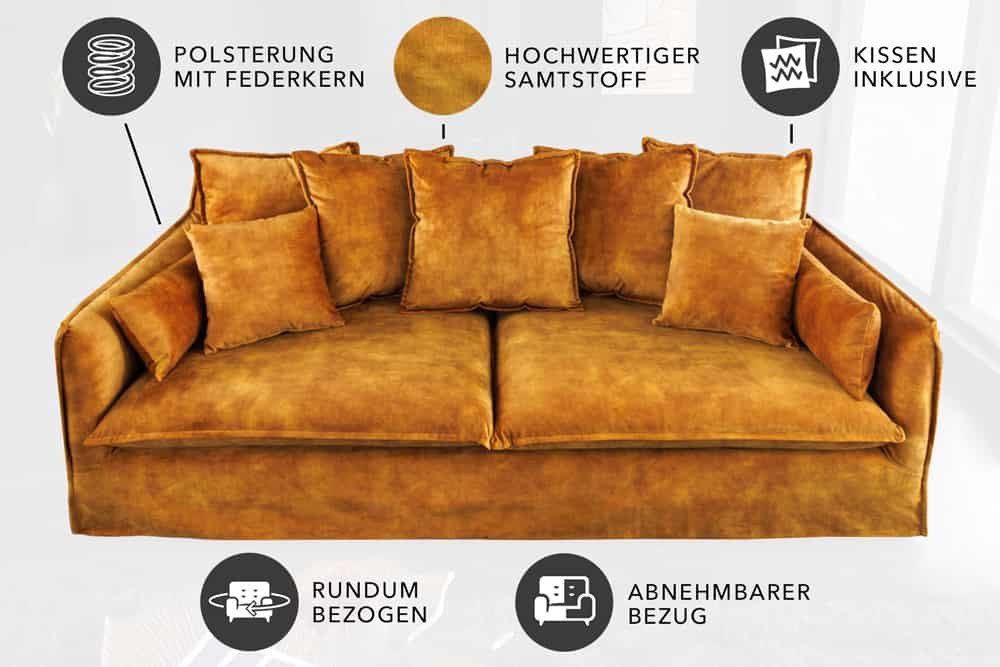 riess-ambiente 3-Sitzer HEAVEN 210cm senfgelb · Hussensofa inkl. Kissen und abnehmbaren Bezug, Einzelartikel 1 Teile, Wohnzimmer-Couch · Samt-Bezug · Federkern- – Bild 5 von 5