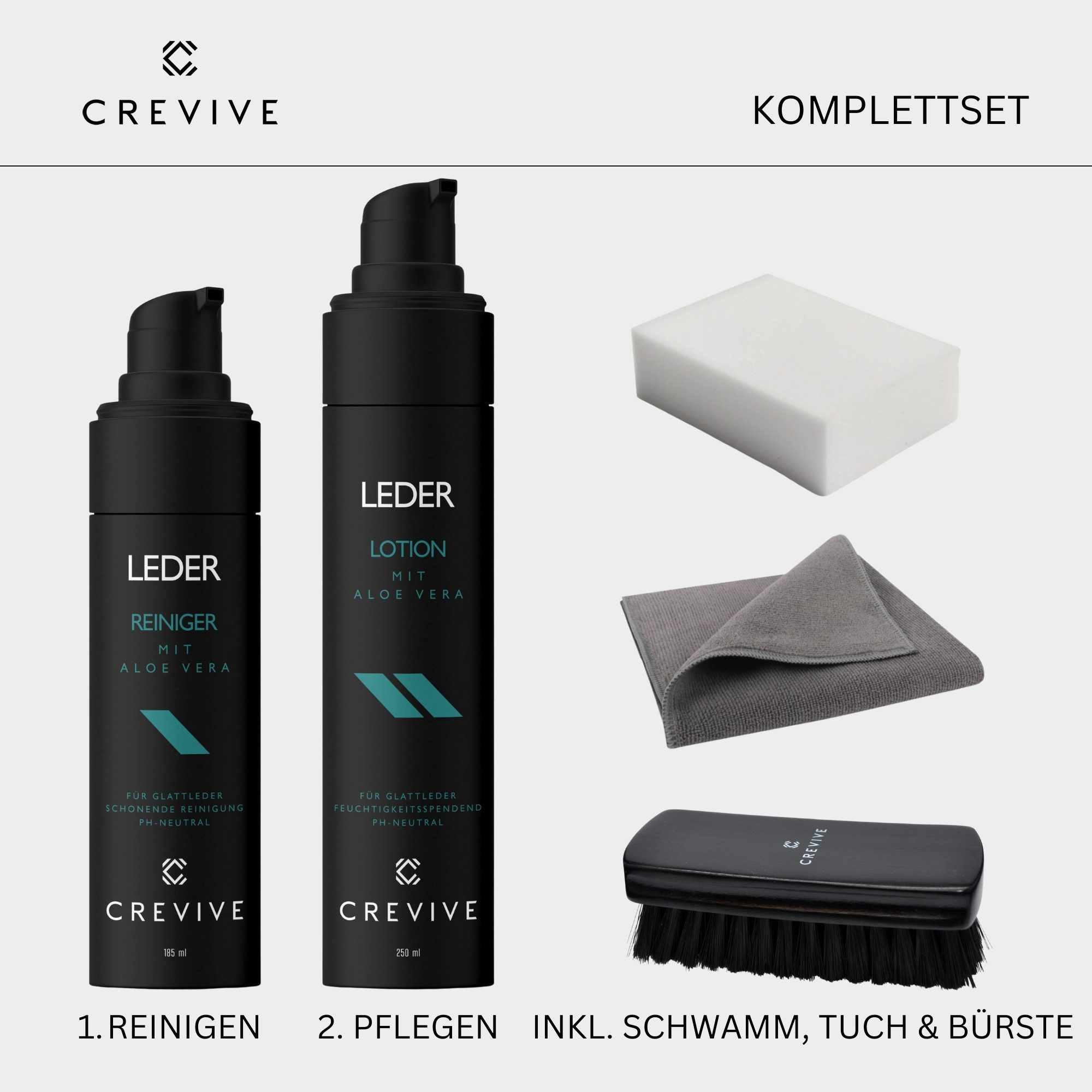 CREVIVE Auto Lederpflegeset (SPARSET, 1x Lederreiniger + 1x Lederpflege + 1x Bürste + 1x Schwamm + 1x Tuch), mit Aloe Vera, Lederpflege Auto, Lederreiniger Auto