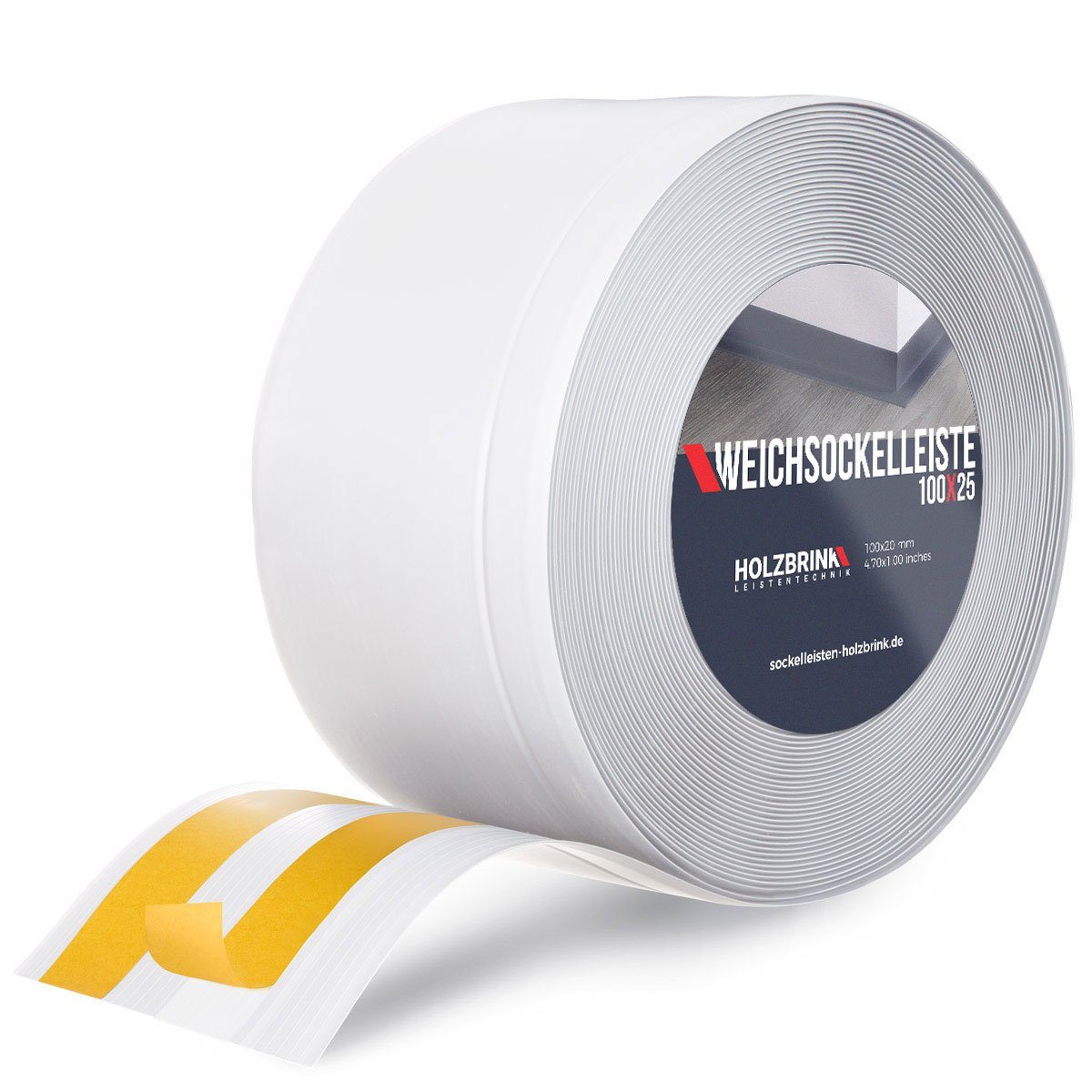 HOLZBRINK Sockelleiste PVC Weichsockelleiste selbstklebend 100x25mm Weiß, L: 500 cm, 5m Rolle, Knickleiste Abschlussleiste