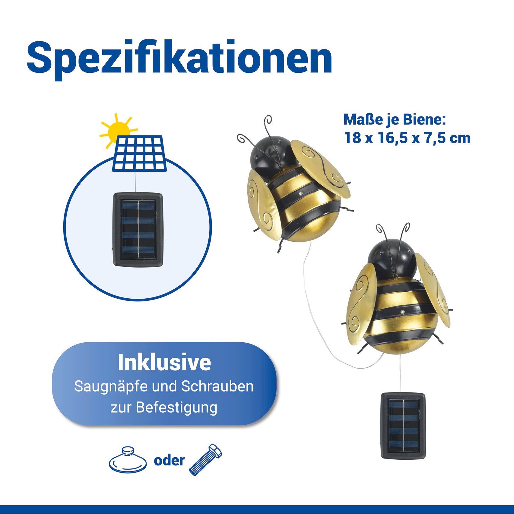 Maximex LED Gartenleuchte Modell Biene, Ein-/Ausschalter, LED fest integriert, Warmweiß, solarbetriebene Gartendekoration, leuchtet bis zu 10 Stunden