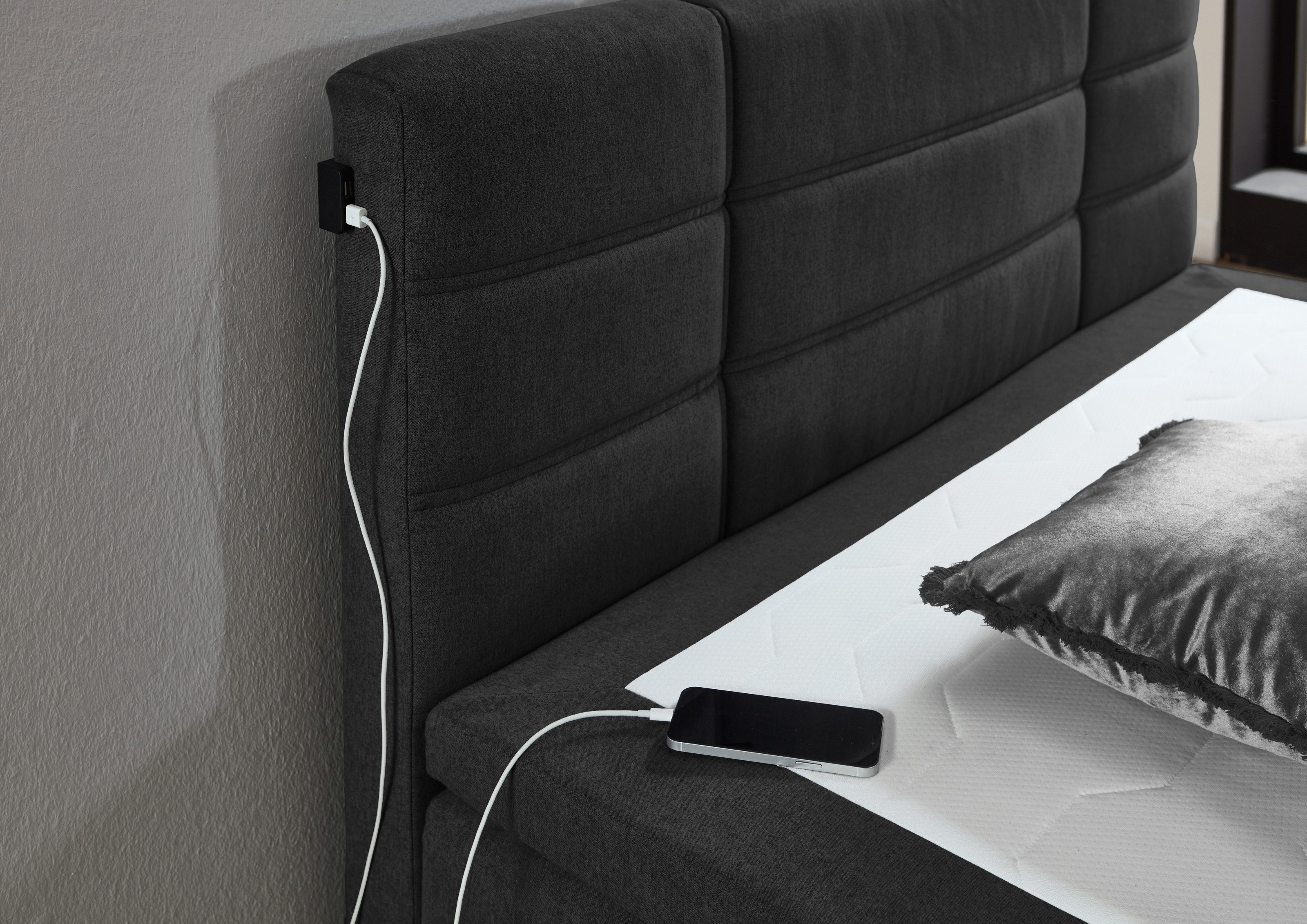 möbelando Young Box Spring Bed, incl. Topper, USB and LED Lighting, Anthracite - 140x200 cm