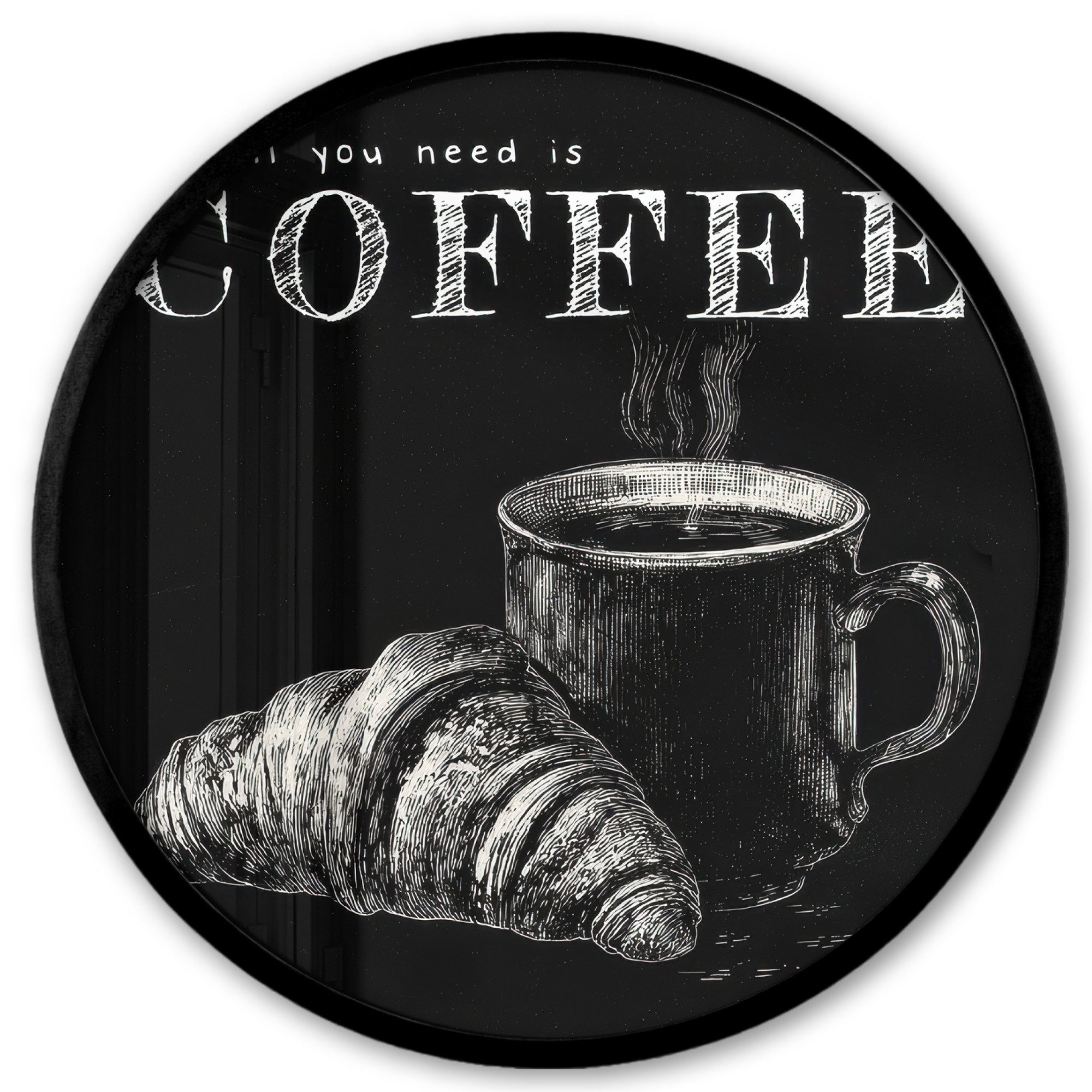 MuchoWow Poster Rund - Kaffee - Croissant - Text, (1 St), Runde Wandbilder, Deko für Wohnzimmer und Schlafzimmer, 40x40 cm