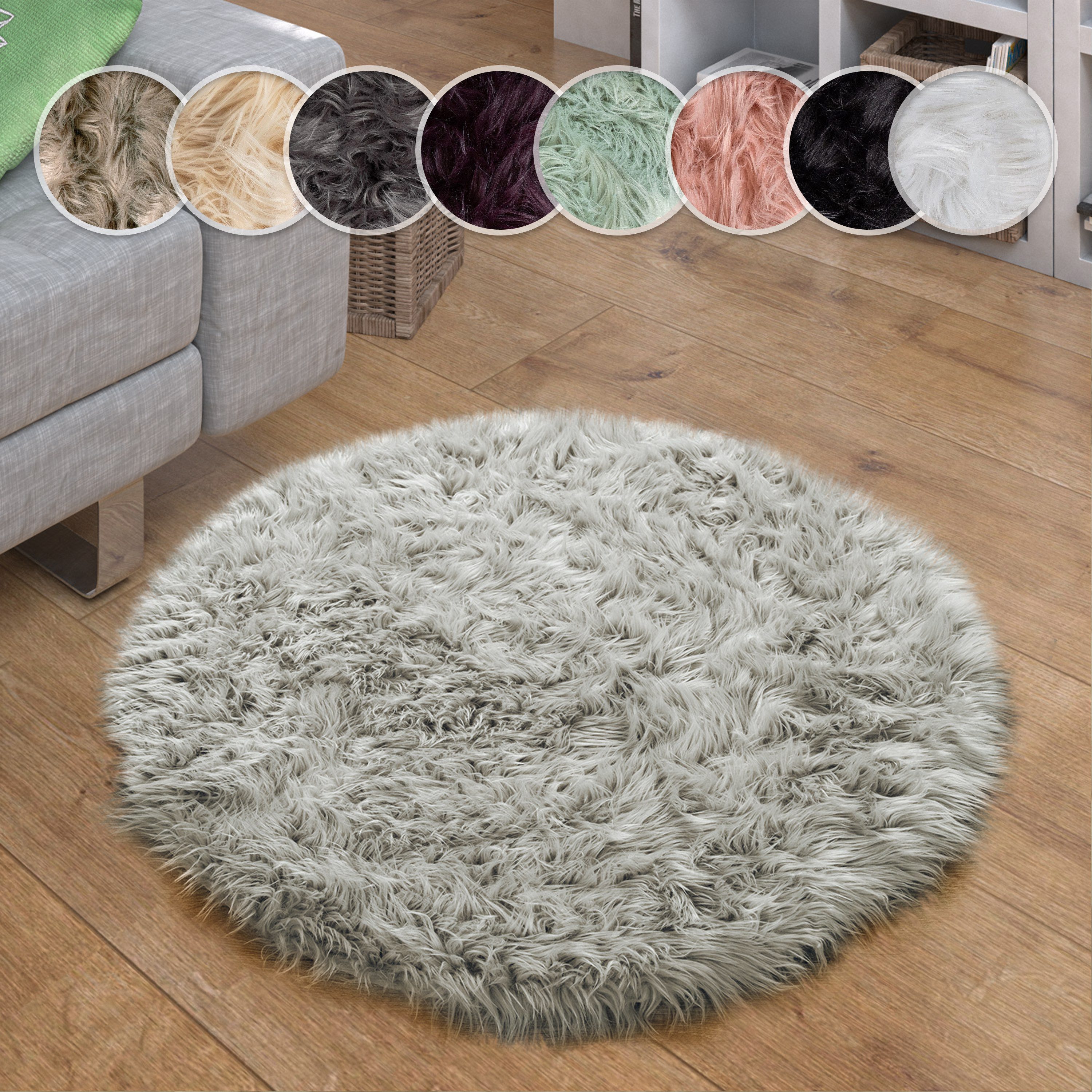 Paco Home Fellteppich Playa 960, rund, Höhe: 64 mm, Kunstfell, Flokati-Optik, Hochflor, weich und flauschig, Uni-Farben